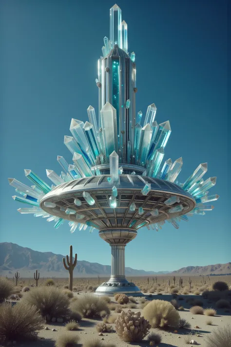A gigantic UFO has landed in the California desert. It has hundreds of multicolored translucent and clear quartz crystals protruding directly from the silver metal of the ship, highly detailed,photorealistic,8K,HDR,physically-based rendering,professional p...