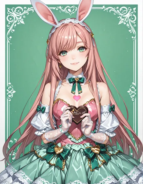 Bunny Ear Maid,mini maid dress in a mint green and light brown color scheme,  pink gold hair, Mint green bow tie,lace lolita gloves on the elbow,I'm looking at this,tilt your neck slightly and smile，(((show off large heart-shaped chocolates to viewers)))