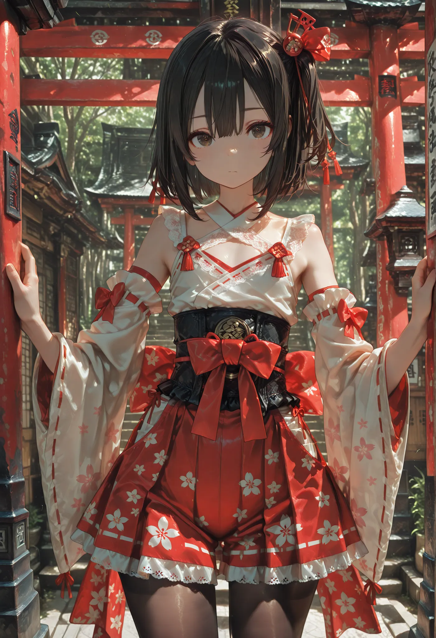 Shelley Gee, (masterpiece, top quality, High Definition: 1.2), girls, Alone, dark brown eyes,      frills、lace fabric、black hair、pantyhose、Women's Funny Faces、sleeves are bordered with lace  、Slightly Short Bob、 １35 cm 、elementary school student、cute face、...