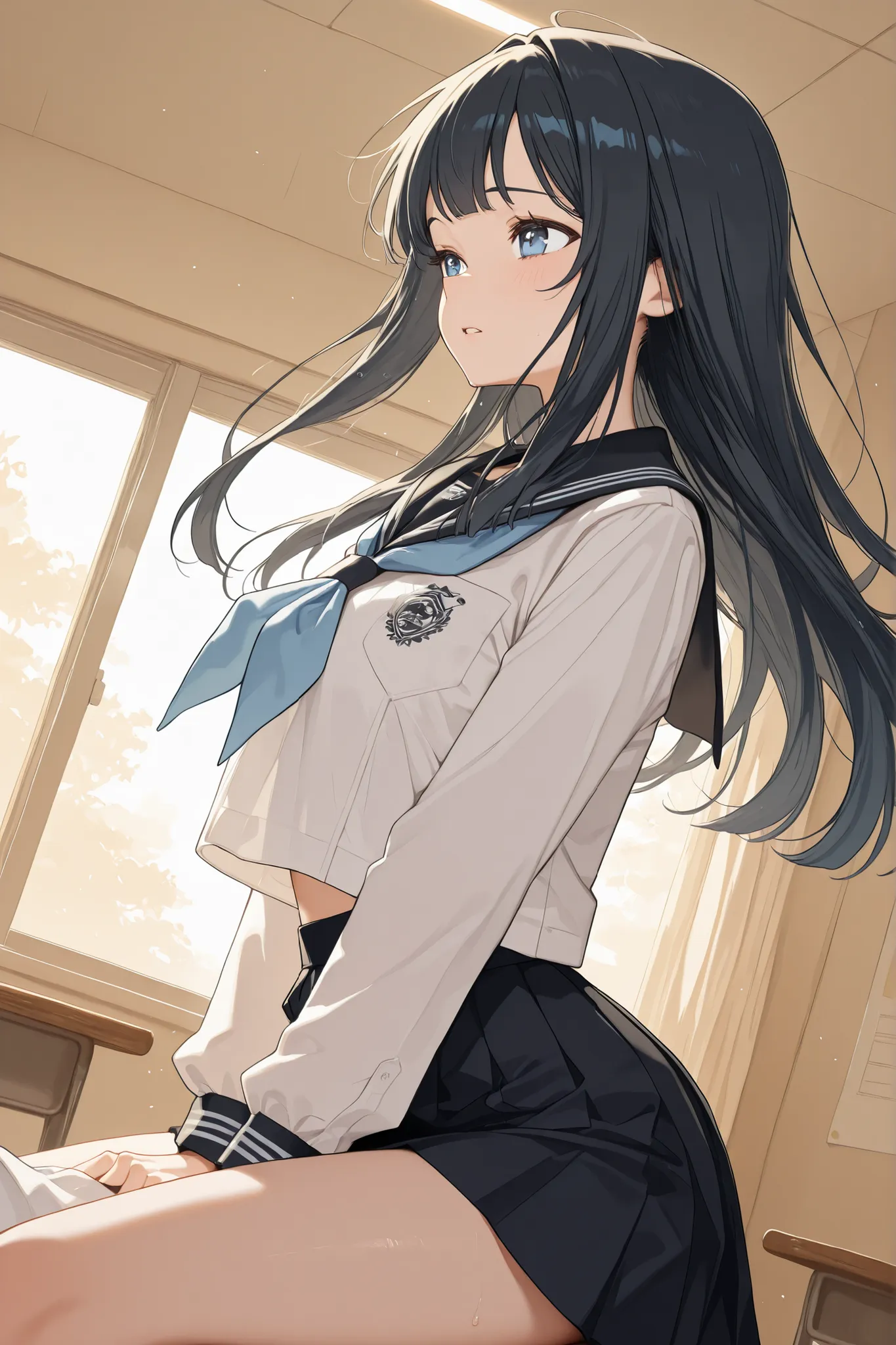 shirt, long sleeve, bow, School Uniform, white shirt, Serofu, sailor color, neckerchief, blue bow, black sailor color, blue neckerchief,,Asuka Komichi , long hair, Bang, blue eyes, black hair,reached orgasm:1.8,
score_9, score_8_up, score_7_up, (nsfw),
(ns...