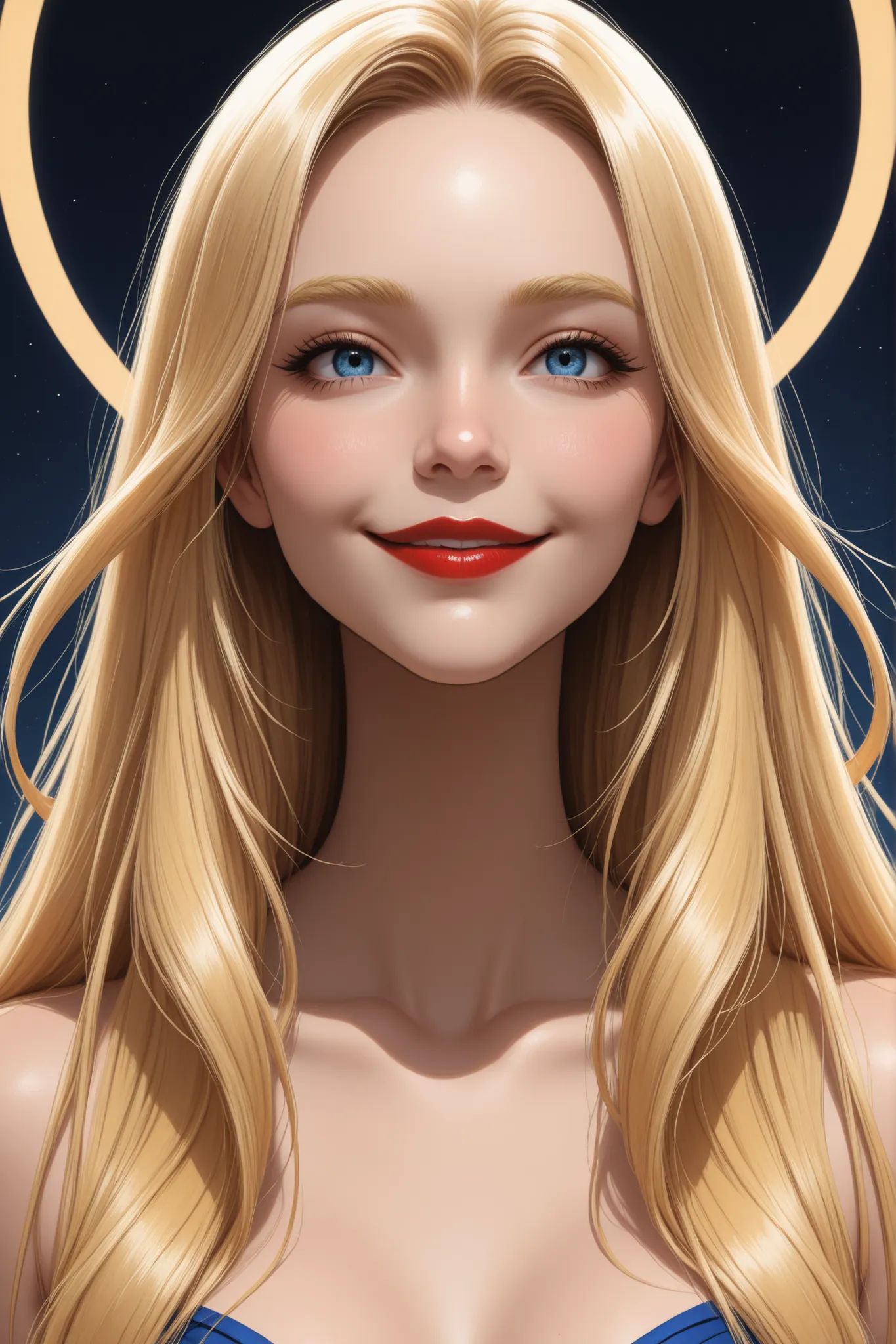 Perfect Face, Blonde Hair, Very Long Hair, (Forehead), Blond Thin Eyebrows, Blue Hair, Red Lips, Smile, Beautiful Face, Looking At Me