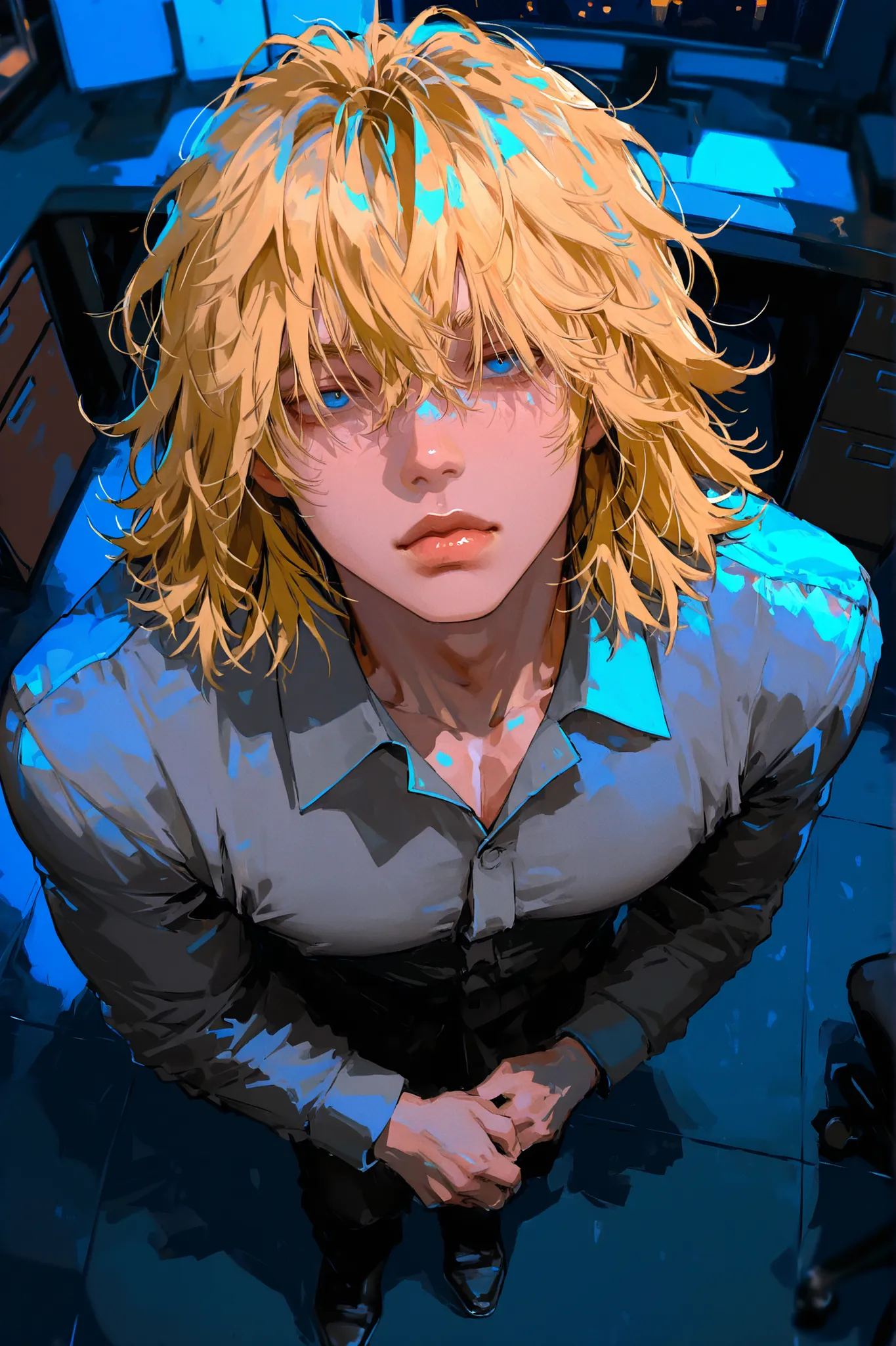 ((face focus: 1.0)), (full body focus: 1.0), (facing viewer, looking at viewer: 1.0), (solo: 1.0), thick lips, man, masculine, male, handsome, fair skin, blue eyes, medium hair, messy hair, messy bangs, blonde hair, gray collared shirt, muscular, office ro...