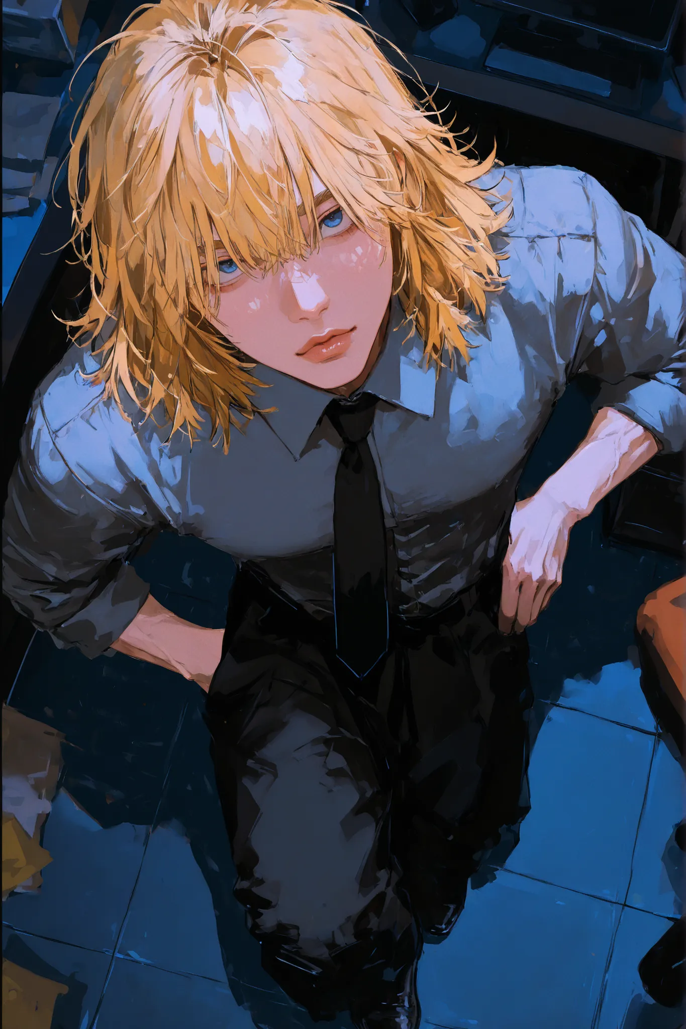 (face focus: 1.0), (full body focus: 1.0), (centered angle: 1.0), (facing viewer, looking at viewer: 1.0), (posing, solo: 1.0), thick lips, man, masculine, male, handsome, fair skin, blue eyes, medium hair, messy hair, messy bangs, blonde hair, gray collar...