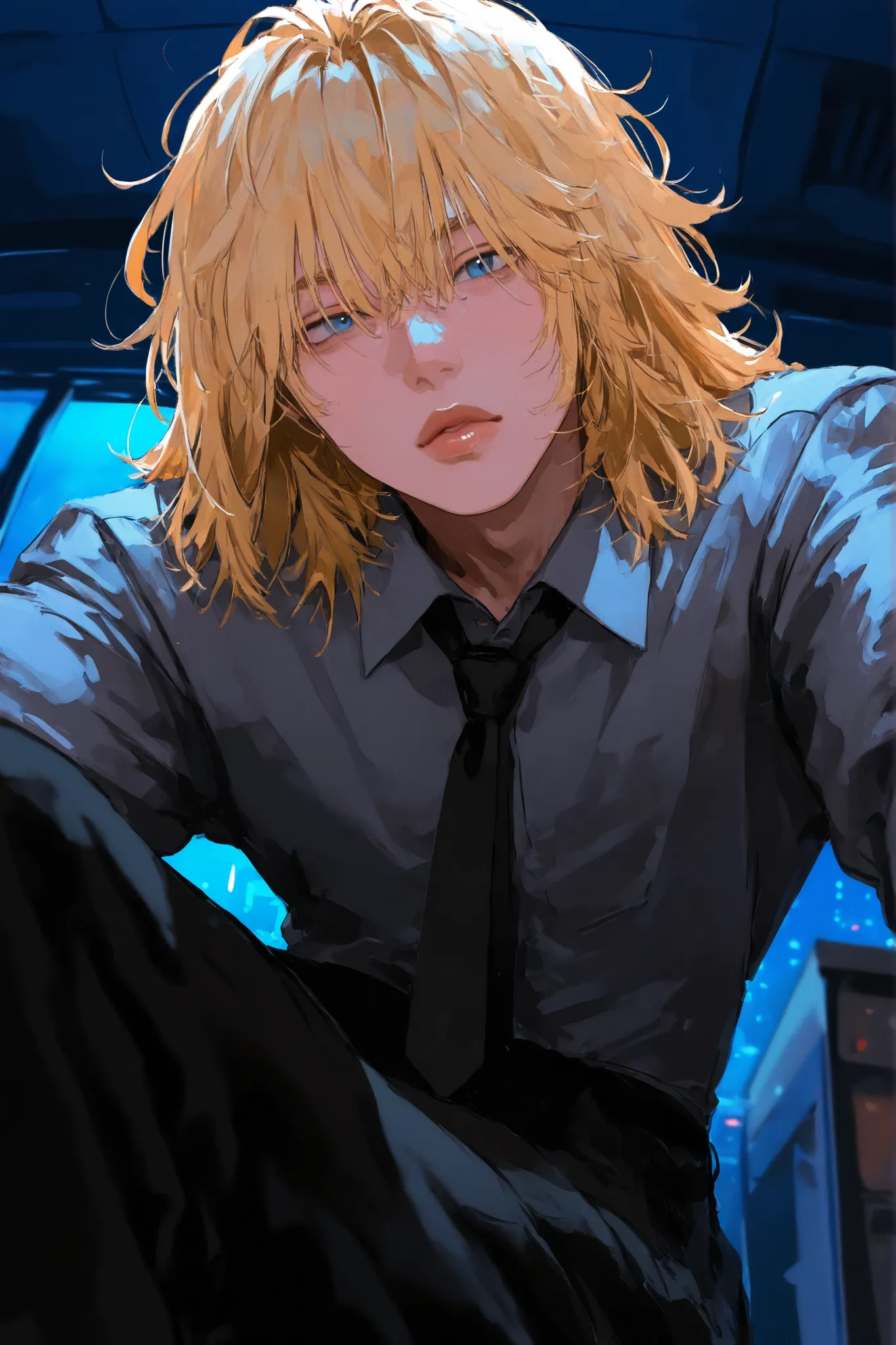 (face focus: 1.2), (body focus: 1.0), (middle angle: 1.0), (facing viewer, looking at viewer: 1.0), (posing, solo: 1.0), thick lips, man, masculine, male, handsome, fair skin, blue eyes, medium hair, messy hair, messy bangs, blonde hair, gray collared shir...