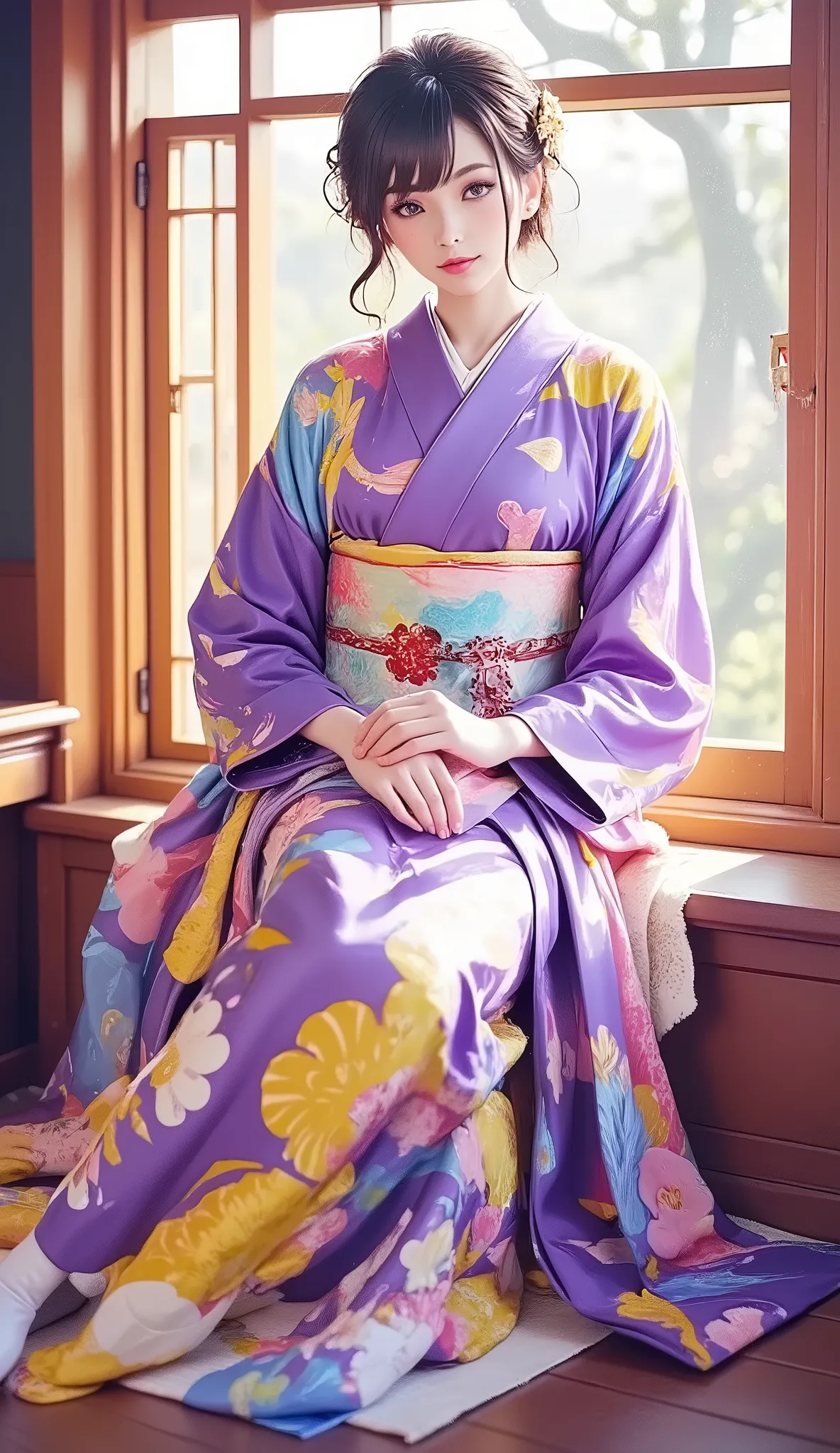 Design the bold, Expressive brushstrokes and vibrant colors.The woman is wearing a kimono of intricate color, purple, Pink, Blue and yellow colors blend seamlessly into the background, Creates a visually striking ensemble. imaginative setting , A setting t...