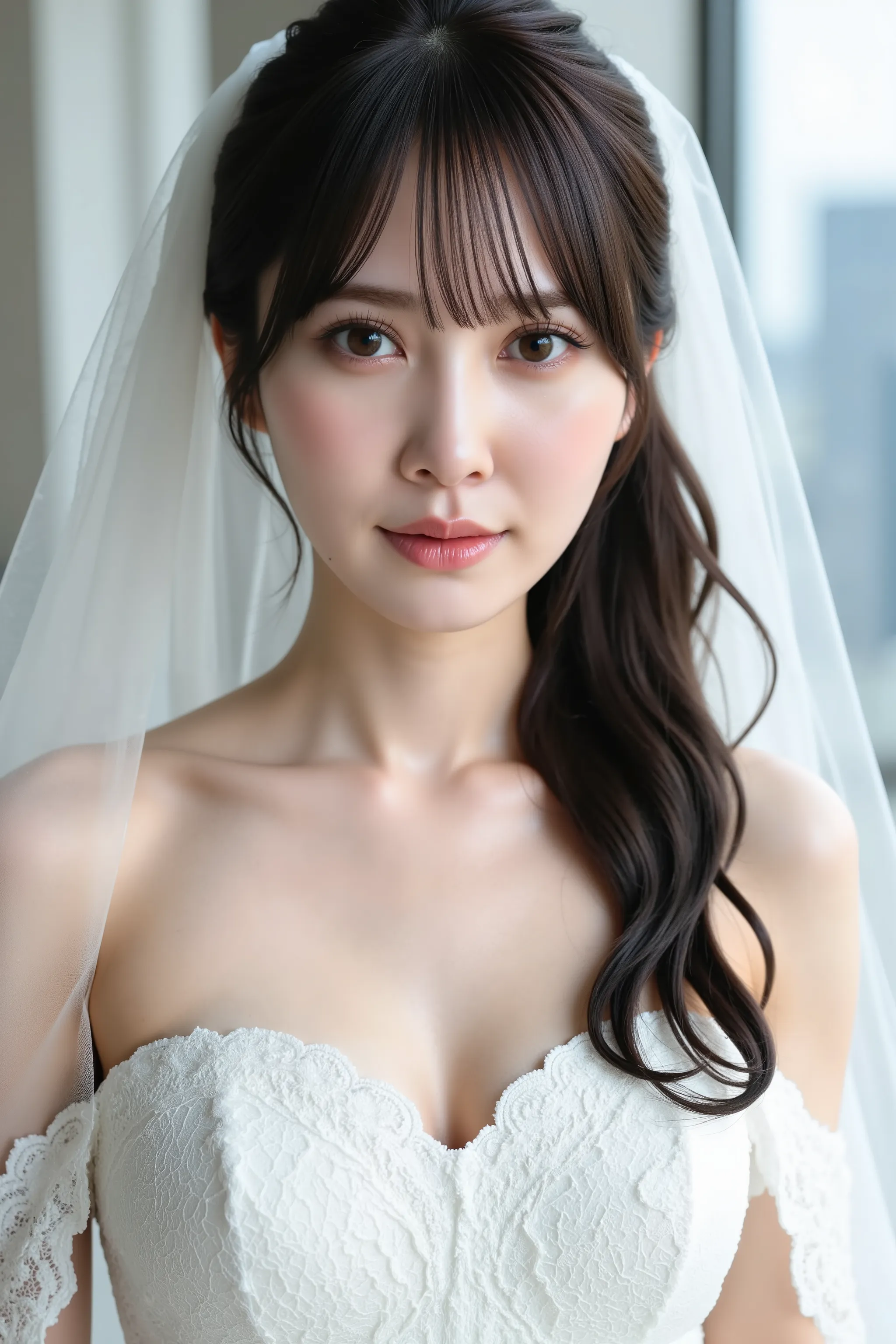 This photo captures a beautiful Japanese woman. White lace off-the-shoulder wedding dress, wedding veil,
The image is very high resolution, with clear skin texture.
The focus is very sharp and focused on her face.
This is an ultra-high resolution image.
He...