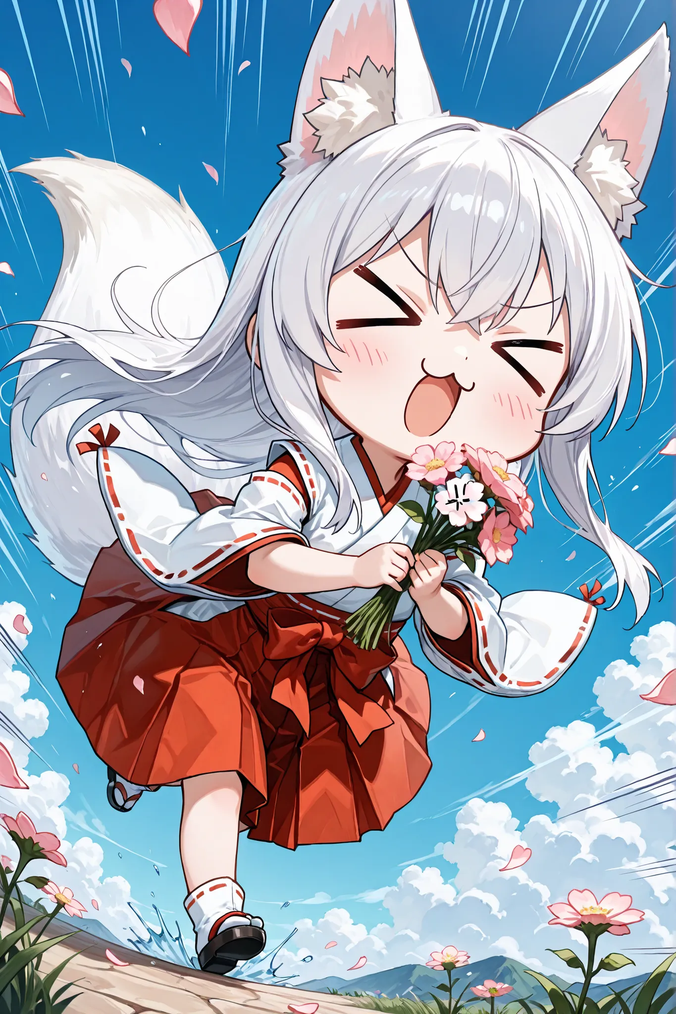 ((Masterpiece)),((best quality)),((incredibly absurdres)),((8K)),(anime style),chibi,
 1 (chibi girl),(anime chibi),solo,white hair,long hair,straight hair, face,cute,kawaii,(white fox tail),(white fox ears),white ear hair,pink inner ear,
(open mouth-wide:...