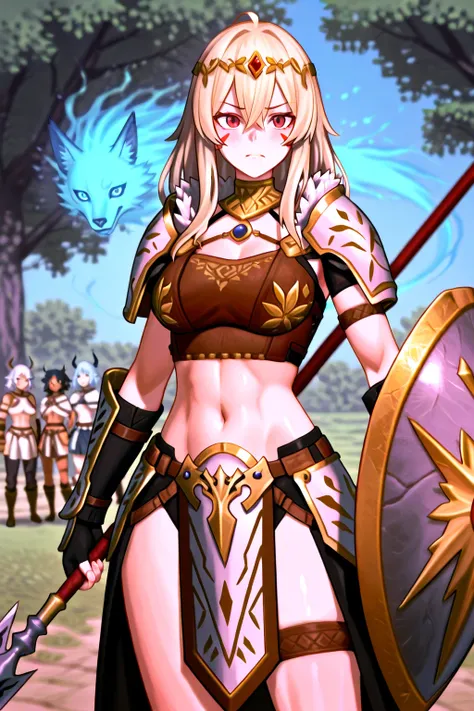  A character with a soft, inviting exterior but a fierce, untamed spirit beneath. They appear to have a gentle, almost harmless look at first glance. Their eyes, however, reveal a fierce intensity—a wild, untamable soul locked inside. They wear a combination of tribal armor and clothing, adorned with markings and war paint, representing their tribe’s legacy and their desire for glory. Their posture speaks of both grace and strength, ready to fight for their people. The character carries a weapon, perhaps a beautifully crafted spear or a shield, bearing the weight of their tribe’s honor. They are a force to be reckoned with, fiercely protecting their people and seeking triumph in battle.