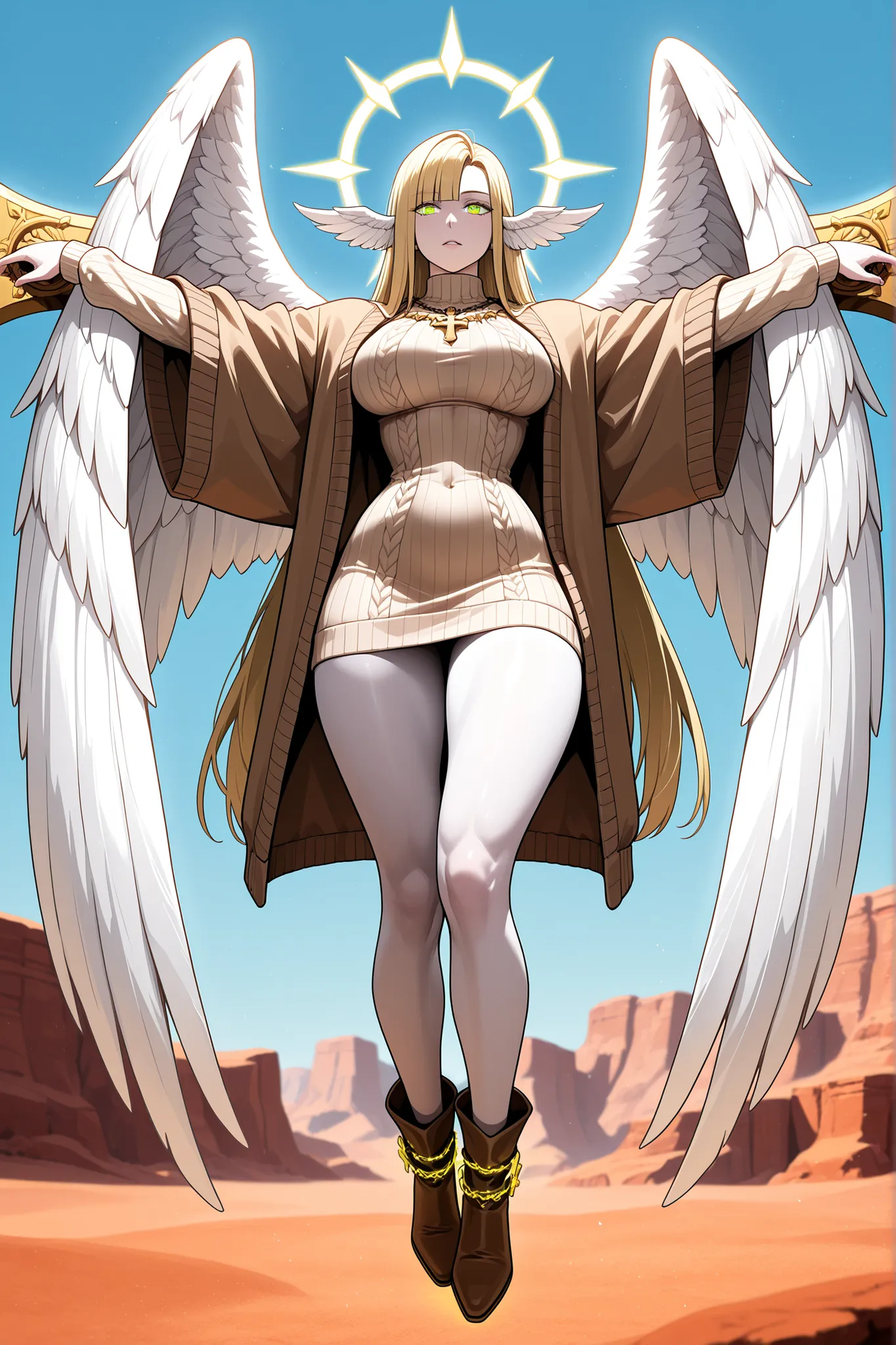 The winged woman is angel. She has a mature bodybuilding  with big breasts , thin waist and wide hips. She has a peachy pale skin. She has glowing green eyes with star sigils. She has fluffy feathered winged ears on her head.  She has longest  blond gold  ...