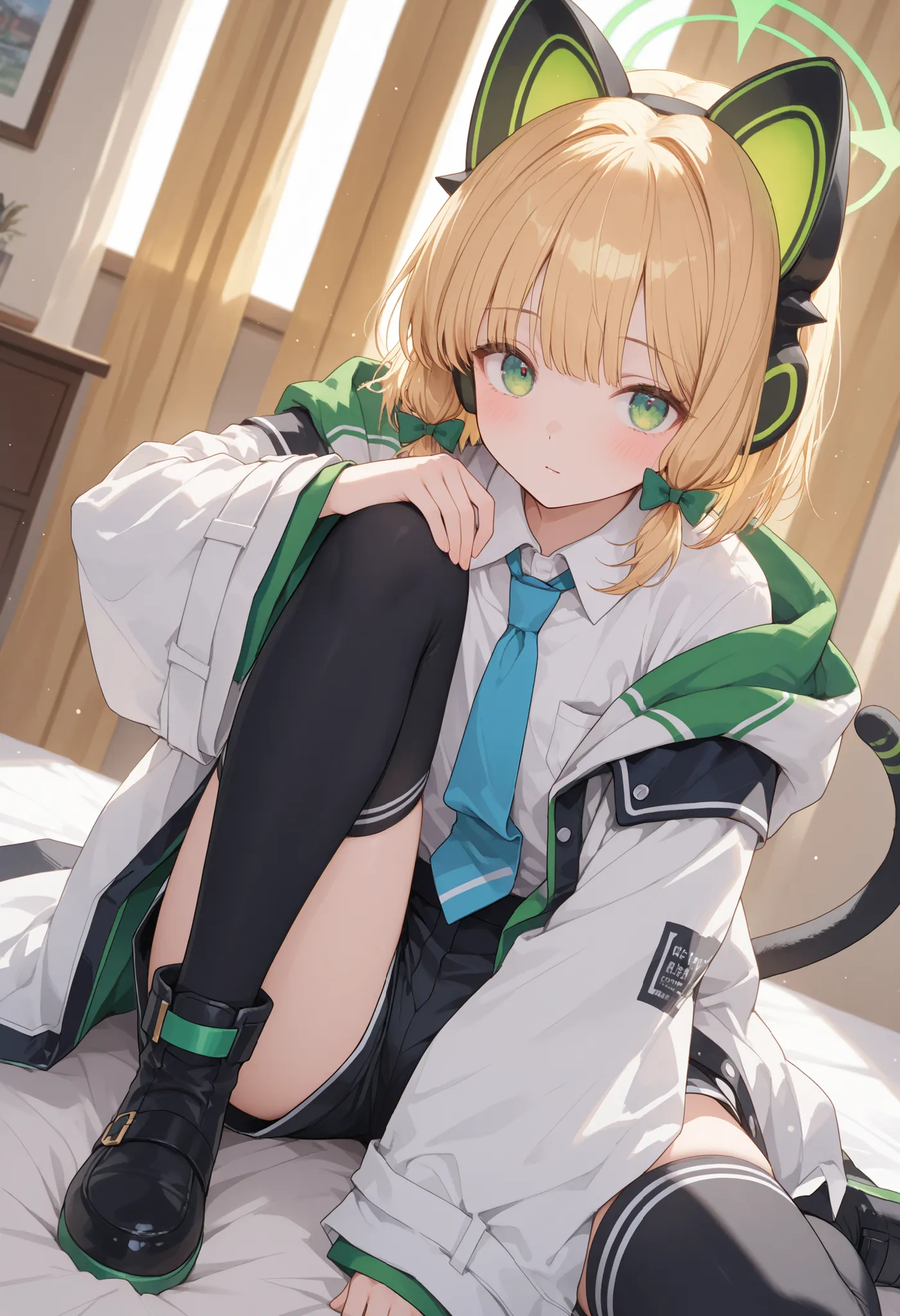masterpiece,perfect anatomy,high resolution, ultra-detailed,beautiful detailed eyes,dutch angle,absurdres,zzMidori, green eyes, green halo, blonde hair, short hair, hair bow, tail, animal ears, fake animal ears, animal ear headphones, headphones, cat ear h...