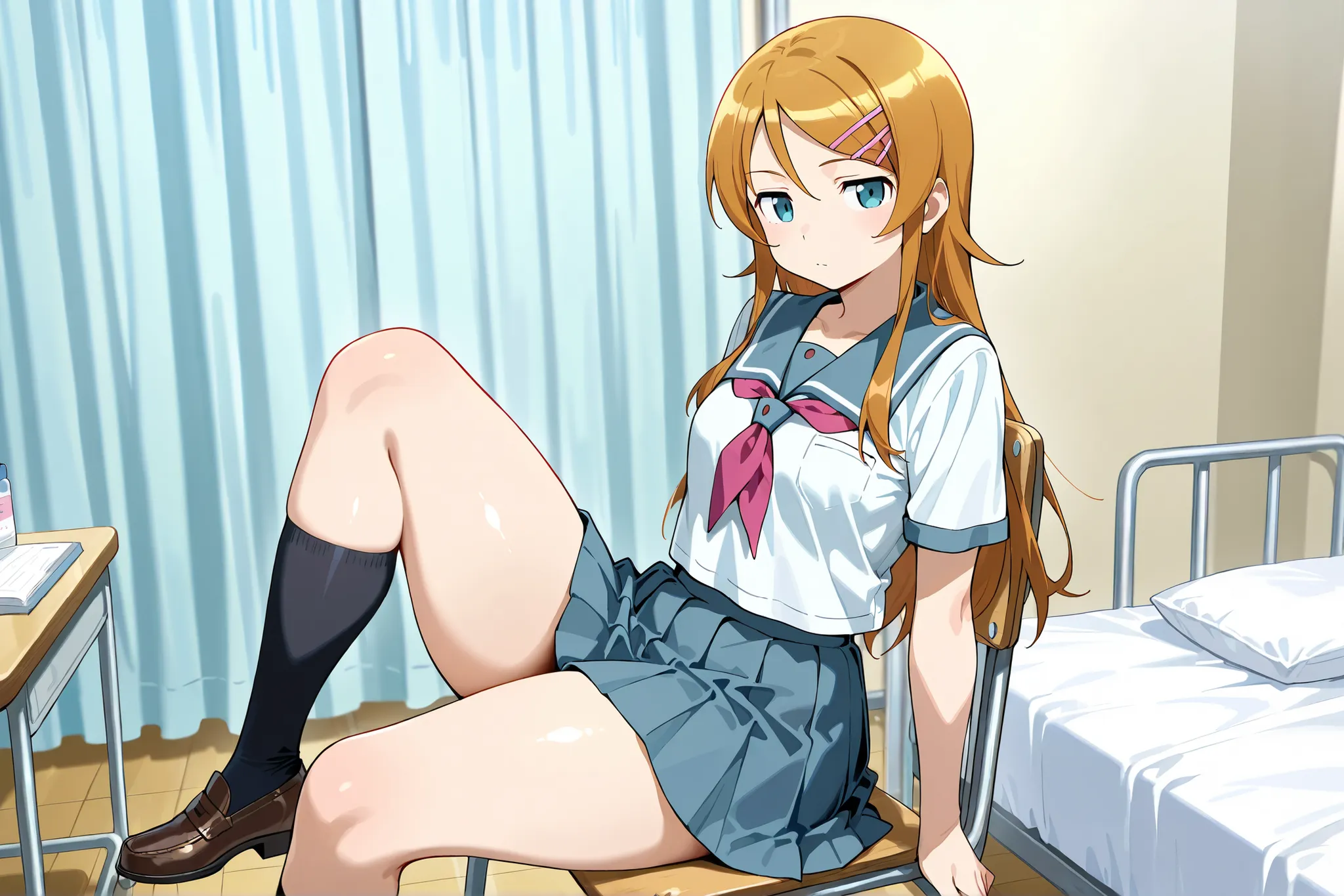 expressionless sick kousaka kirino,serafuku, blue pleated skirt, red neckerchief, loafers, black socks,kousaka kirino,Infirmary,bed,sitting on chair,thick thighs,