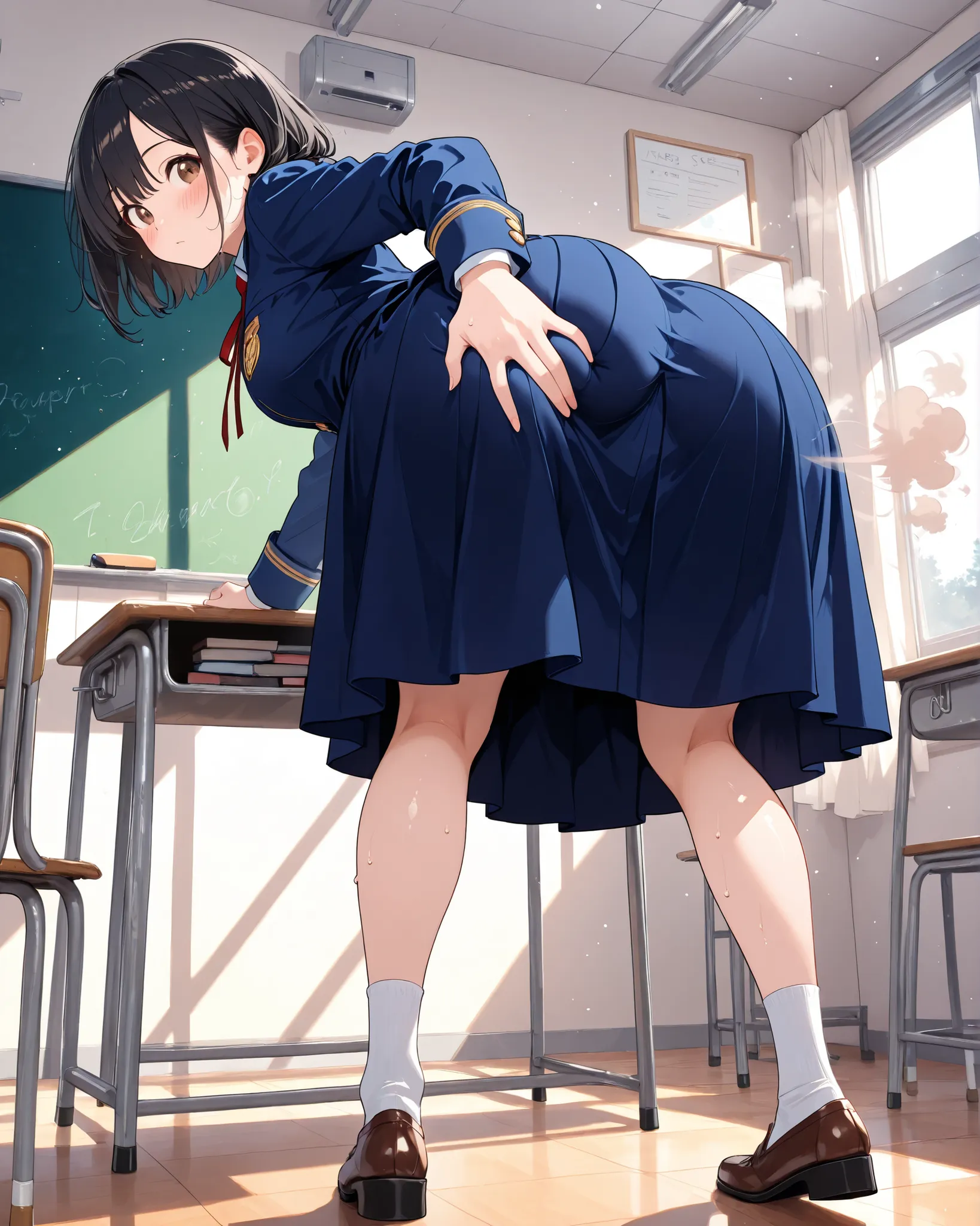 ultra detail, best quality, incredibly detailed,     beautiful    , masterpiece, 1 girl, 99 mix , viewers, full body, Touching Your Butt, triple eye, Round eyes, brown eyes, medium short hair, black hair, midi skirt, uniform, (classroom background), embarr...
