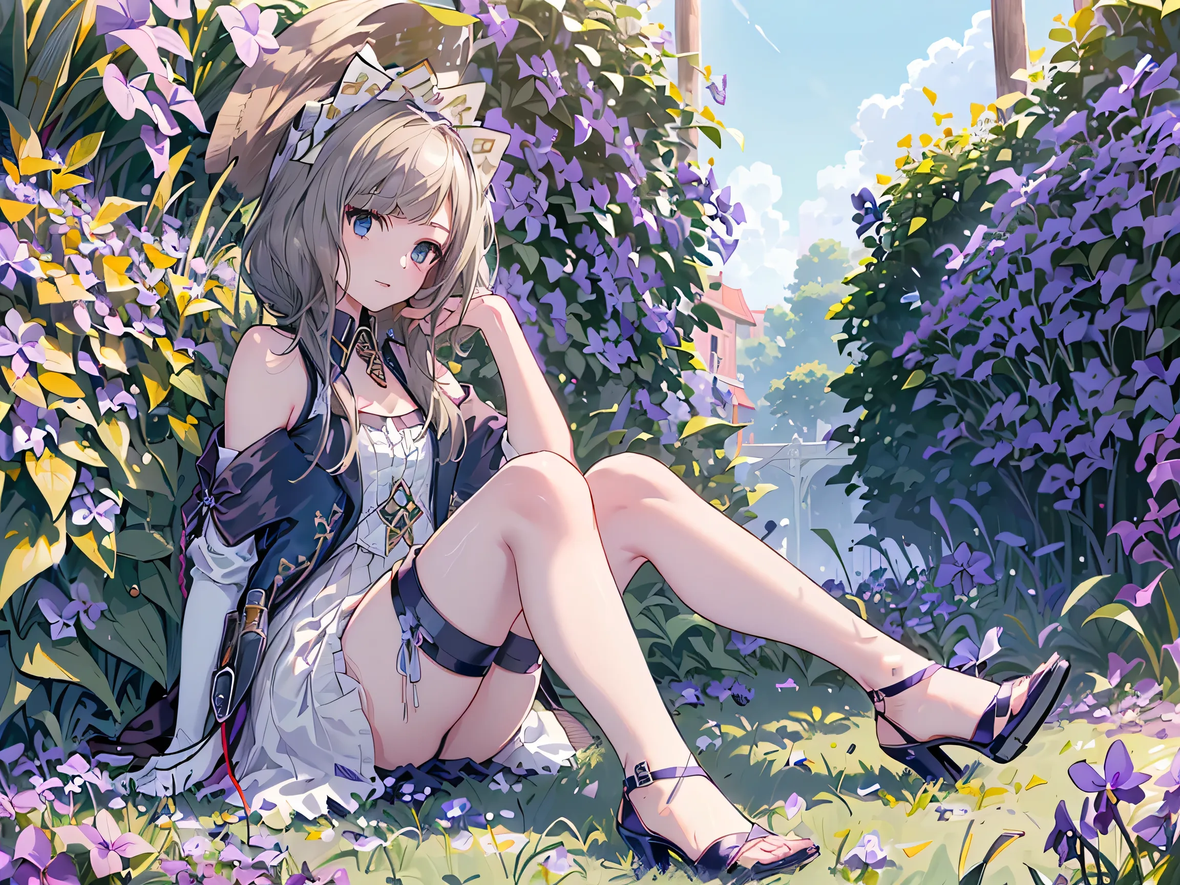 1 girl,Sandrone, (((Long blonde))), ((( blue eyes))),a faint smile, has,(((sitting))),Outdoors,(((Clear blue sky))),(((Violets grow on the lawn next to it))),((((Anne hashaway)))),((( reveal calf ))),(((Wear blue high heels)))
