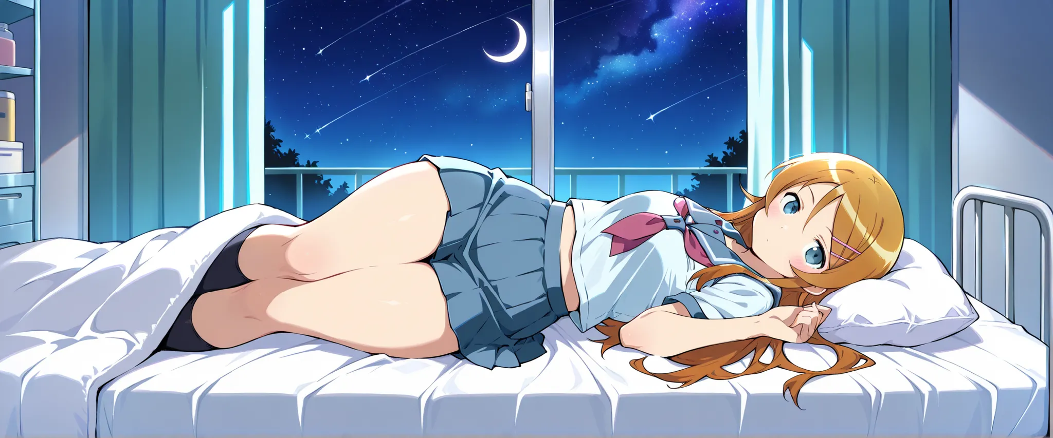 1girl,kousaka kirino, serafuku, blue pleated skirt,short sleeves, red neckerchief,black socks,expressionless,thick thighs,crescent moon, stars (sky),looking at viewer,Infirmary,bed on a futon.kee up