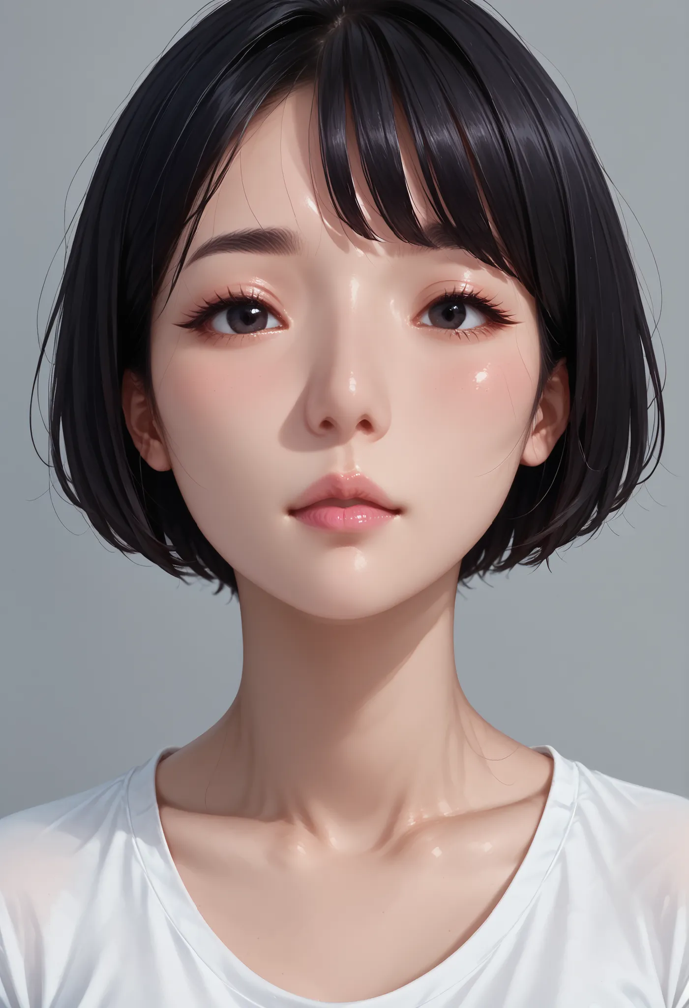 Perfect Face, (Female Asian, Face Asian), Black Hair, Short Bob Hair, Black Normal Eyebrows, Black Eyes, Black Eyelashes, Nose, Pink Lips, Beautiful Asian, Collarbone, T-Shirt, White T-Shirt, Grey Background