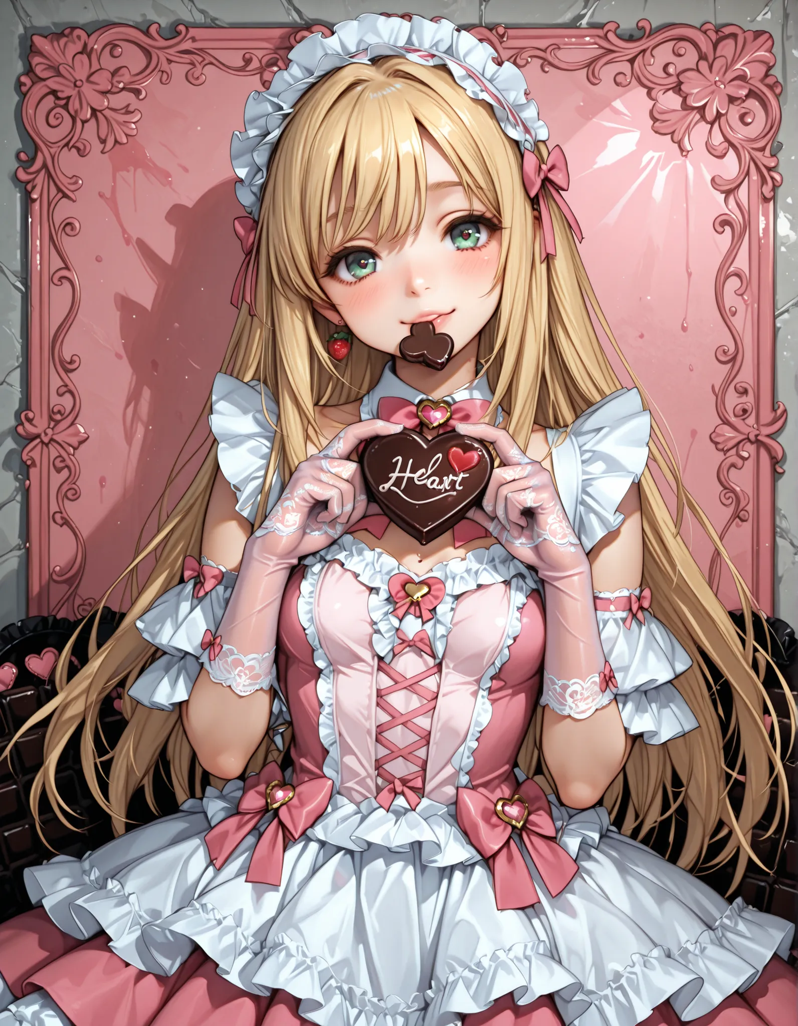 cute maid,mini maid dress that looks like strawberry milk, ash gold hair, Big pink bow tie,pink long lace lolita gloves,I'm looking at this,tilt your neck slightly and smile，(((hold out heart-shaped chocolate to show off to viewers)))