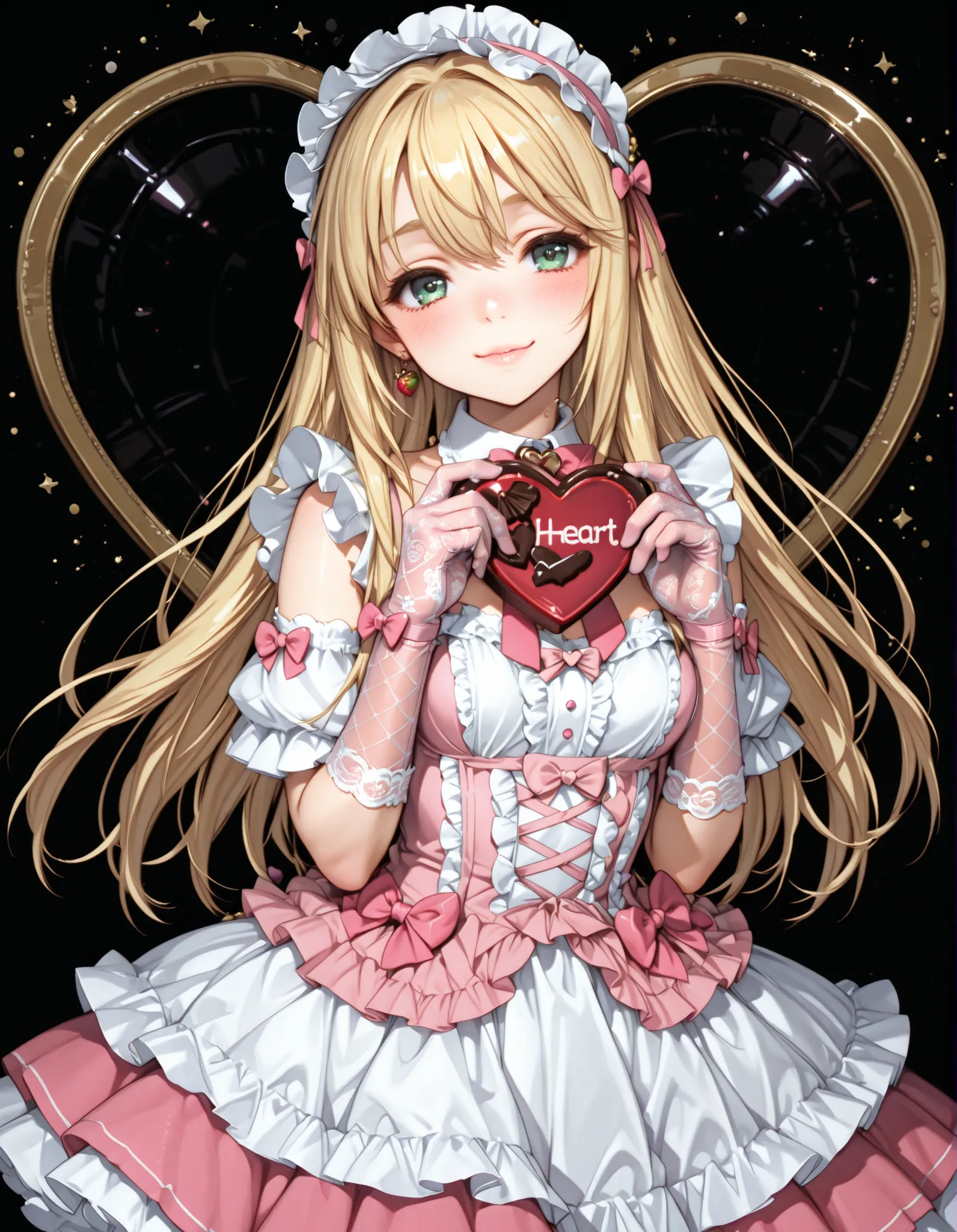 cute maid,mini maid dress that looks like strawberry milk, ash gold hair, Big pink bow tie,pink long lace lolita gloves,I'm looking at this,tilt your neck slightly and smile，(((hold out heart-shaped chocolate to show off to viewers)))
