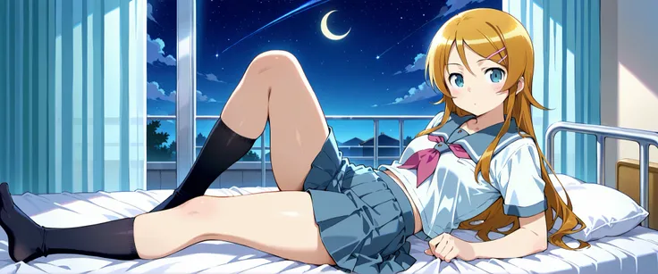 1girl,kousaka kirino, serafuku, blue pleated skirt,short sleeves, red neckerchief,black socks,expressionless,thick thighs,knee up,crescent moon, stars (sky),looking at viewer,Infirmary,bed on a futon
