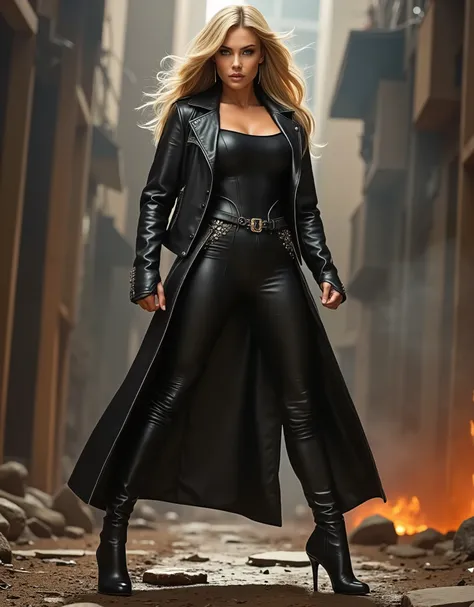 Full body Kyarah an athletic and strong woman , She has blonde hair , Are you wearing a jacket and leather pants, leather high heels boots she is standing in a fighting position