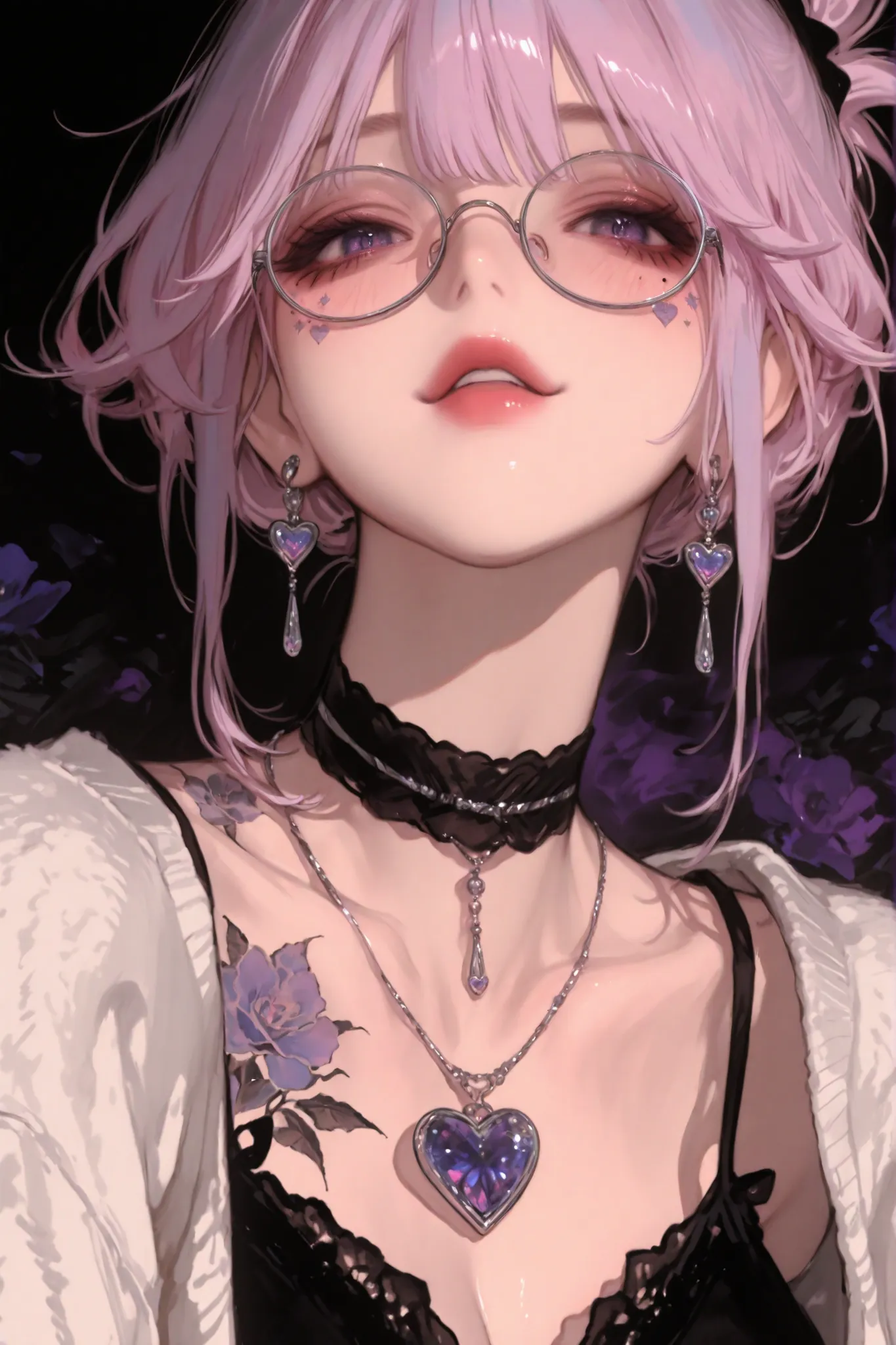 Close-up portrait of a stylish Gen Z anime girl with pastel lilac hair tied in a loose high ponytail, with soft curtain bangs framing her face. She has dreamy violet eyes, wearing large round glasses with subtle reflections, and a calm, mysterious expressi...
