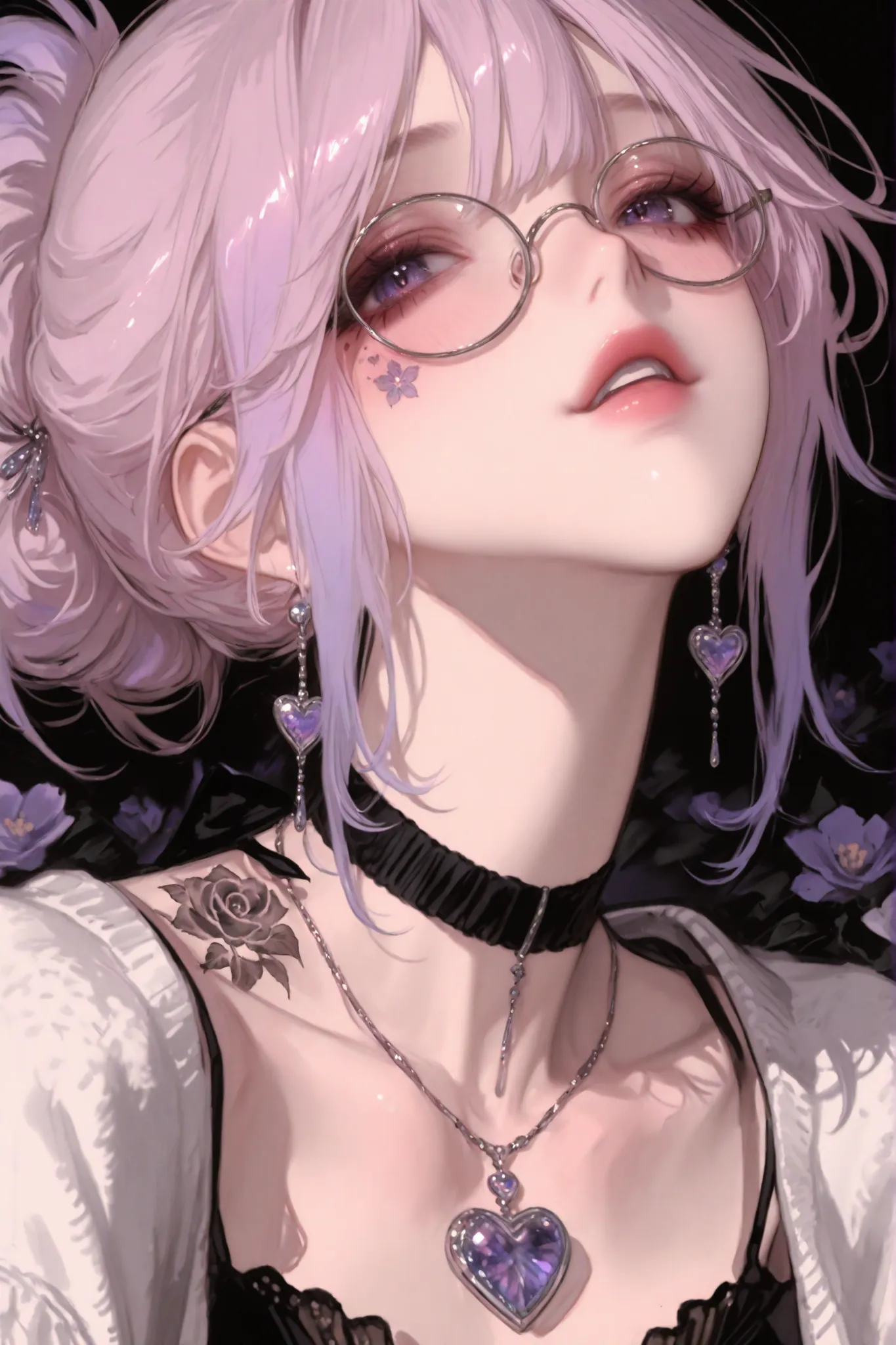 Close-up portrait of a stylish Gen Z anime girl with pastel lilac hair tied in a loose high ponytail, with soft curtain bangs framing her face. She has dreamy violet eyes, wearing large round glasses with subtle reflections, and a calm, mysterious expressi...