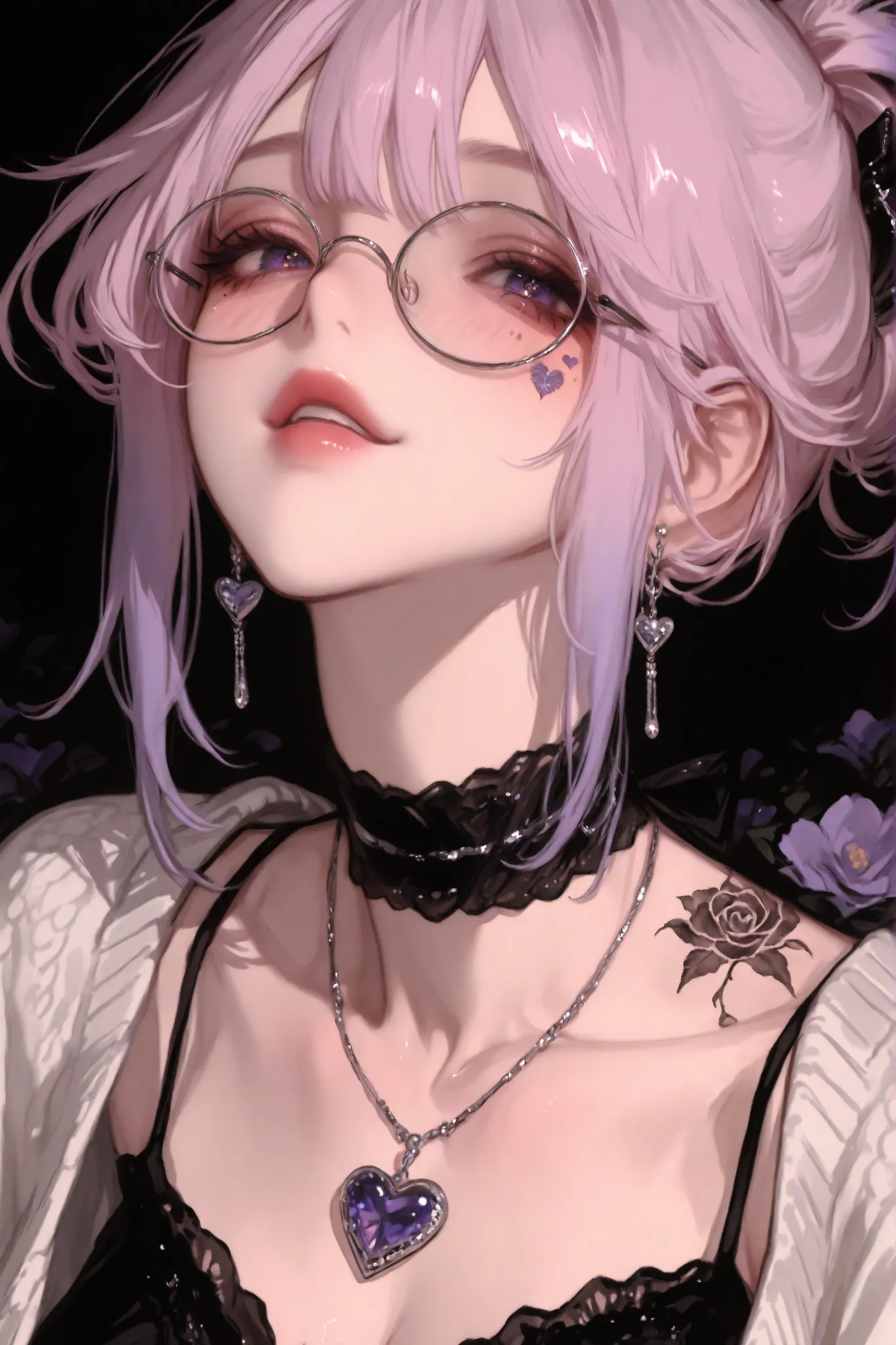 Close-up portrait of a stylish Gen Z anime girl with pastel lilac hair tied in a loose high ponytail, with soft curtain bangs framing her face. She has dreamy violet eyes, wearing large round glasses with subtle reflections, and a calm, mysterious expressi...