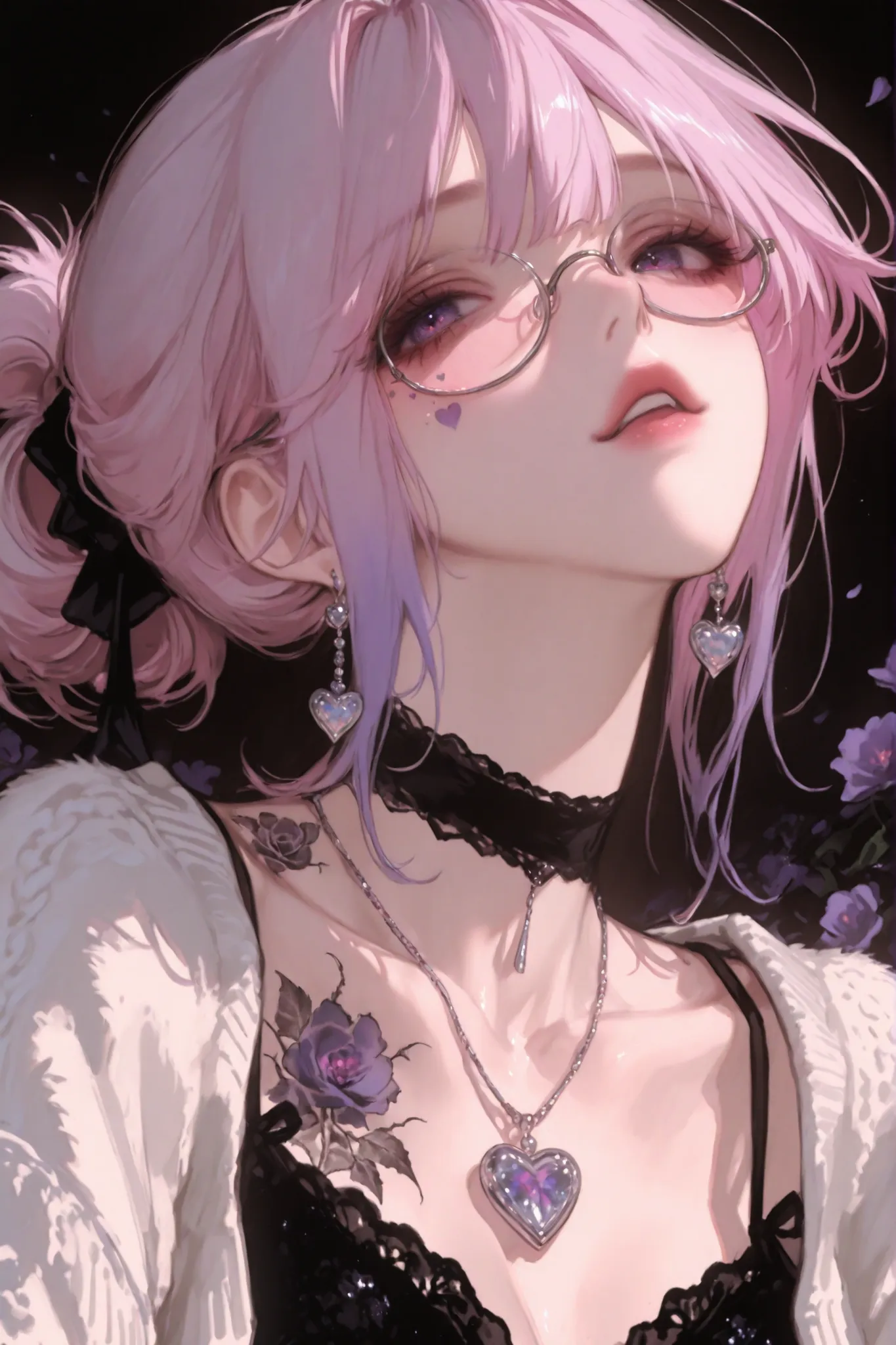 Close-up portrait of a stylish Gen Z anime girl with pastel lilac hair tied in a loose high ponytail, with soft curtain bangs framing her face. She has dreamy violet eyes, wearing large round glasses with subtle reflections, and a calm, mysterious expressi...