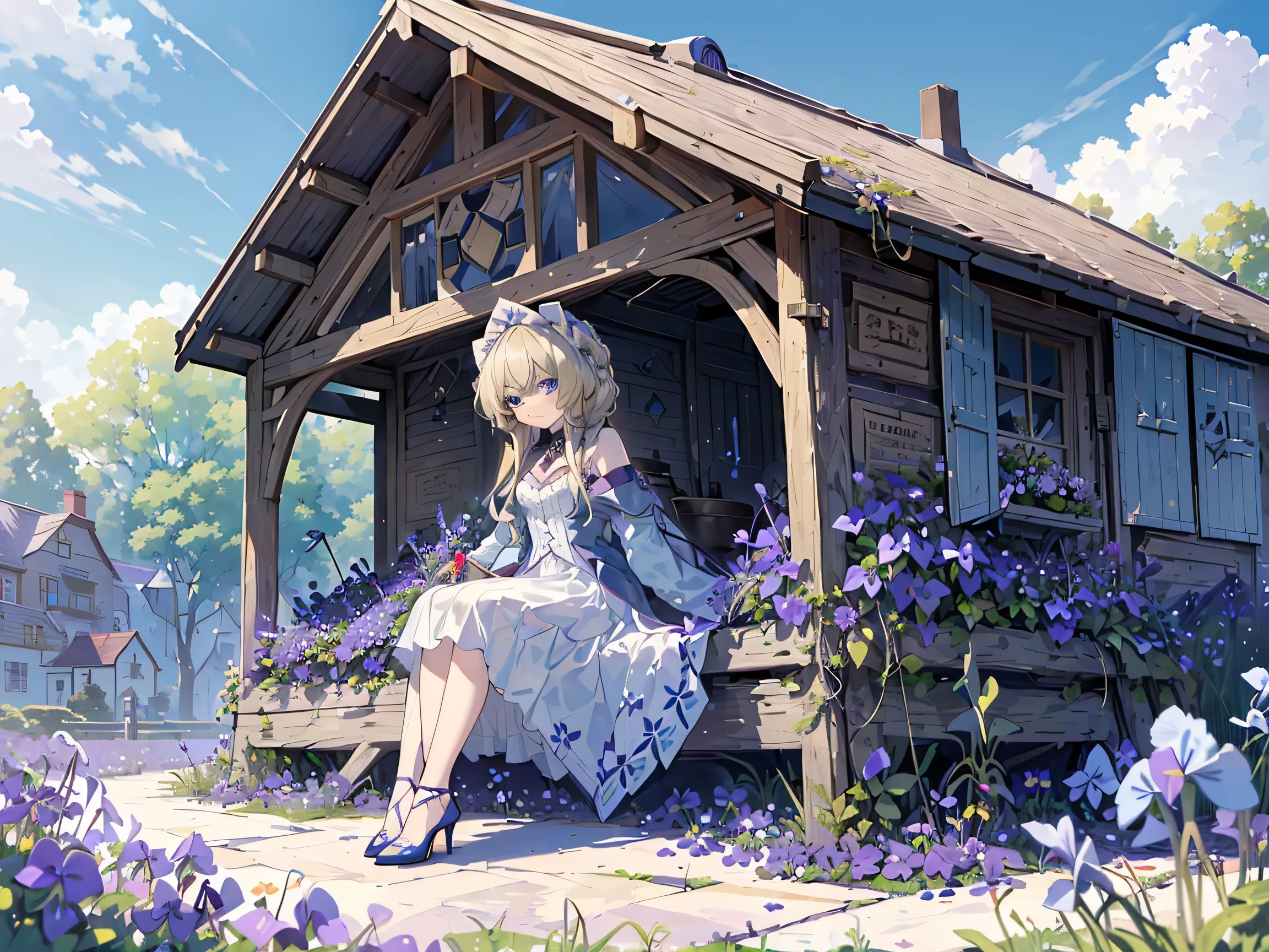 1 girl,Sandrone, (((Long blonde))), ((( blue eyes))),a faint smile, has,(((sitting))),Outdoors,(((Clear blue sky))),(((Violets grow on the lawn next to it))),((((Anne hashaway)))),((( reveal calf ))),(((Wear blue high heels)))