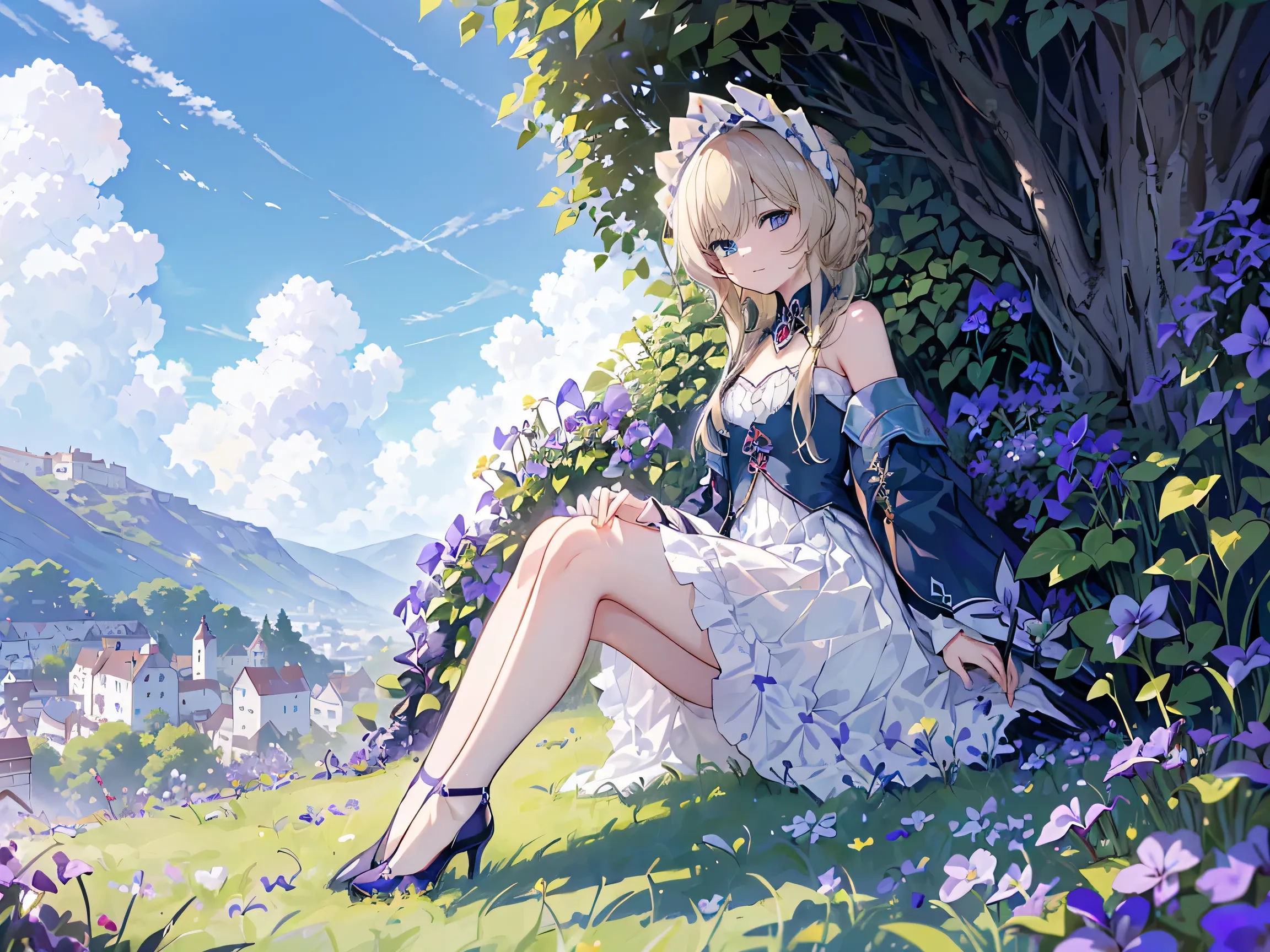 1 girl,Sandrone, (((Long blonde))), ((( blue eyes))),a faint smile, has,(((sitting))),Outdoors,(((Clear blue sky))),(((Violets grow on the lawn next to it))),((((Anne hashaway)))),((( reveal calf ))),(((Wear blue high heels)))