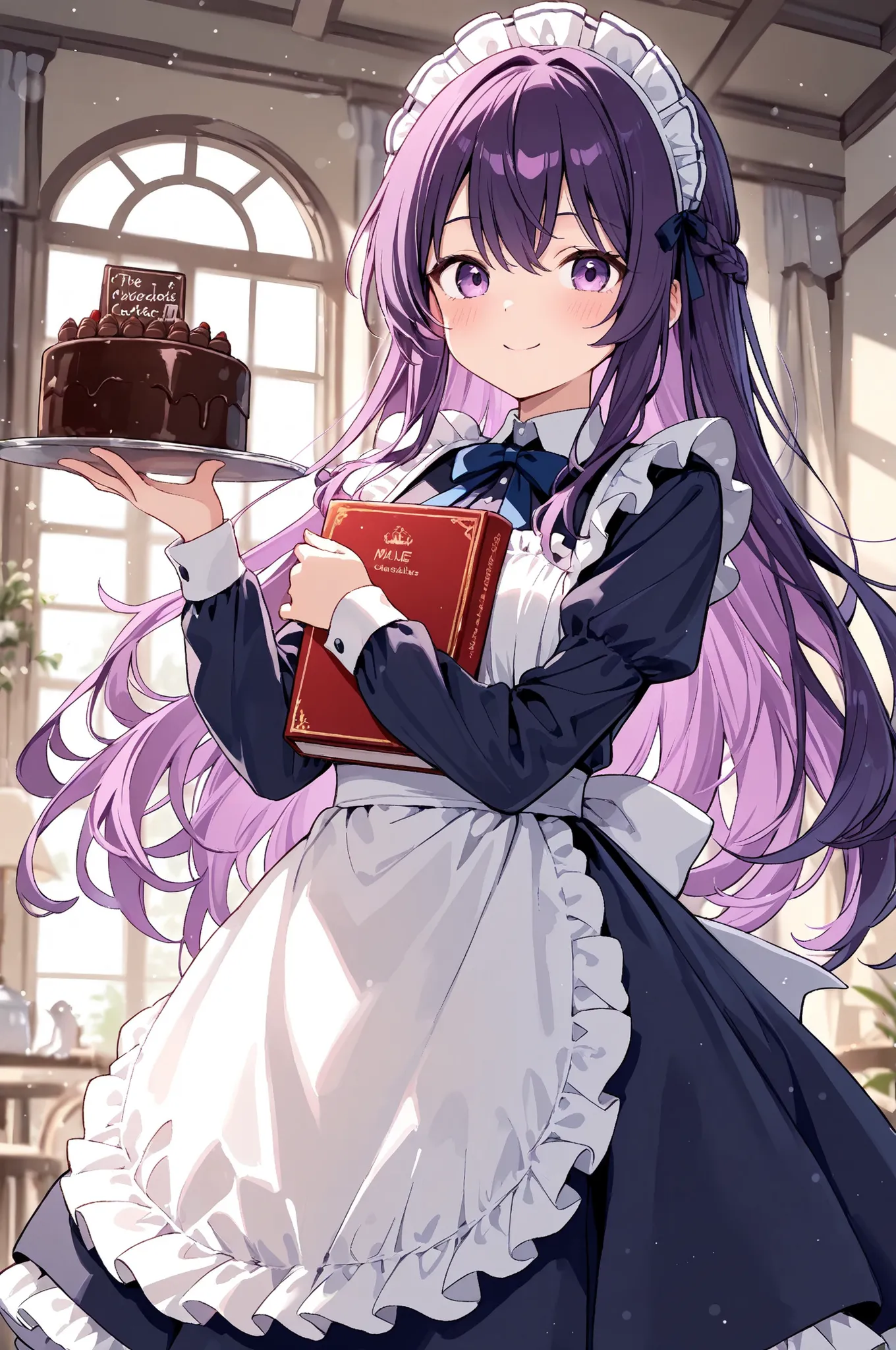 The maid who made the chocolate cake smilingly offers the chocolate cake to。Offer a chocolate cake with a smile。purple hair carrying a book。navy blue maid clothes