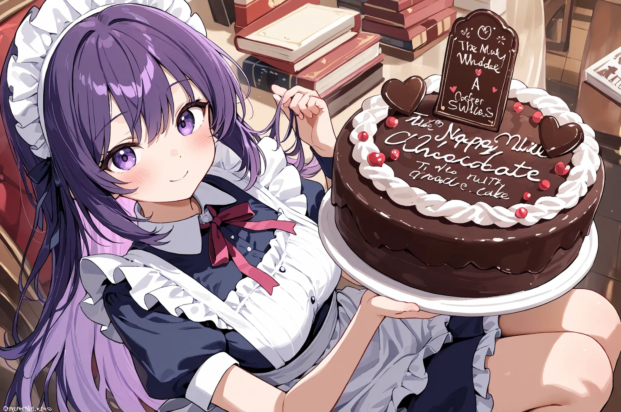 The maid who made the chocolate cake smilingly offers the chocolate cake to。Offer a chocolate cake with a smile。purple hair carrying a book。navy blue maid clothes