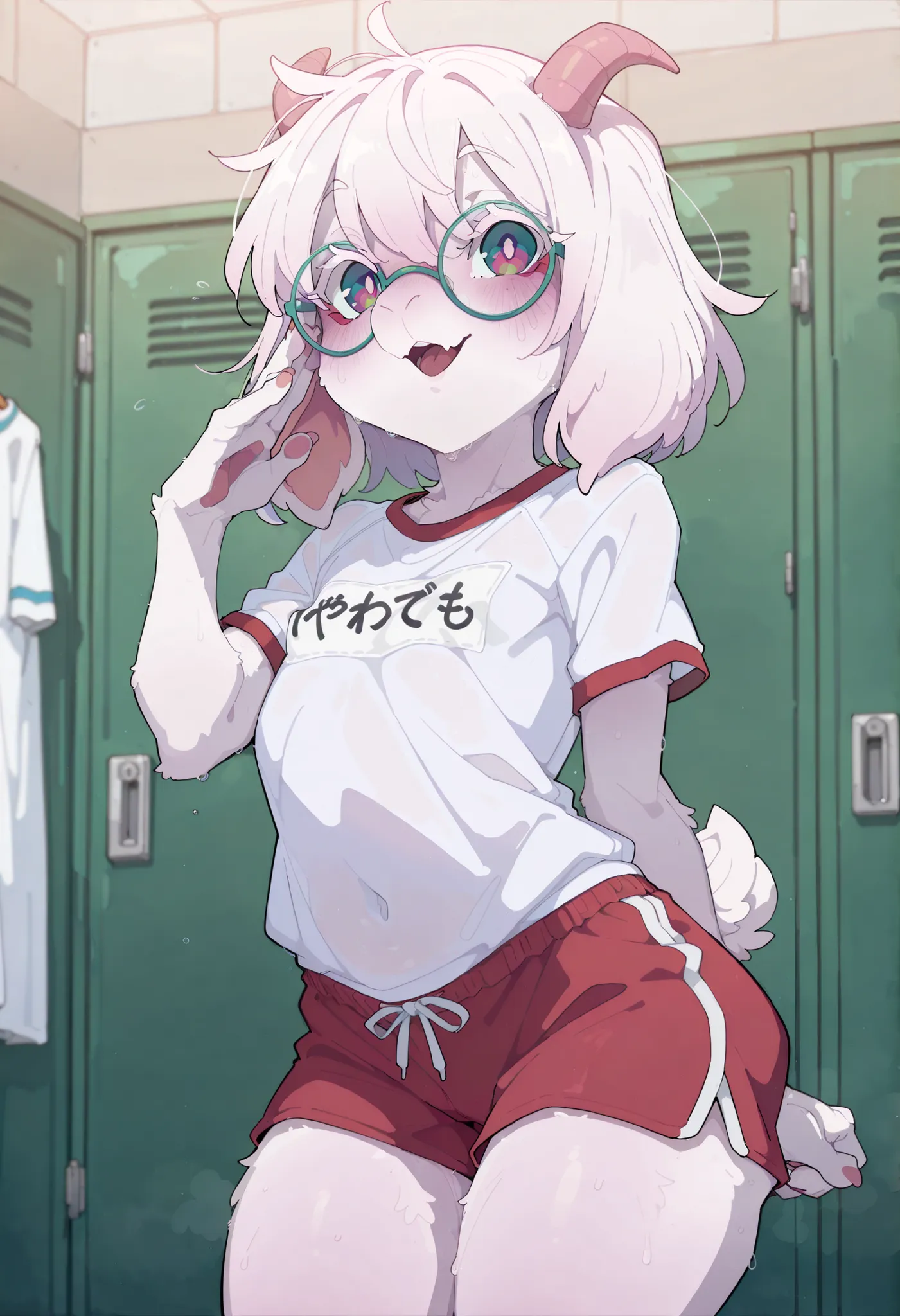 (soft shading), 4k, hi res, ((detailed face, detailed, Best quality, masterpiece, detailed anatomy, detailed eyes, perfect shading)), by haku3490, by kakure eria, 1male, solo, anthro, (ralsei_(deltarune), male, goat, quadruplets, pink pupils, white fur, ro...