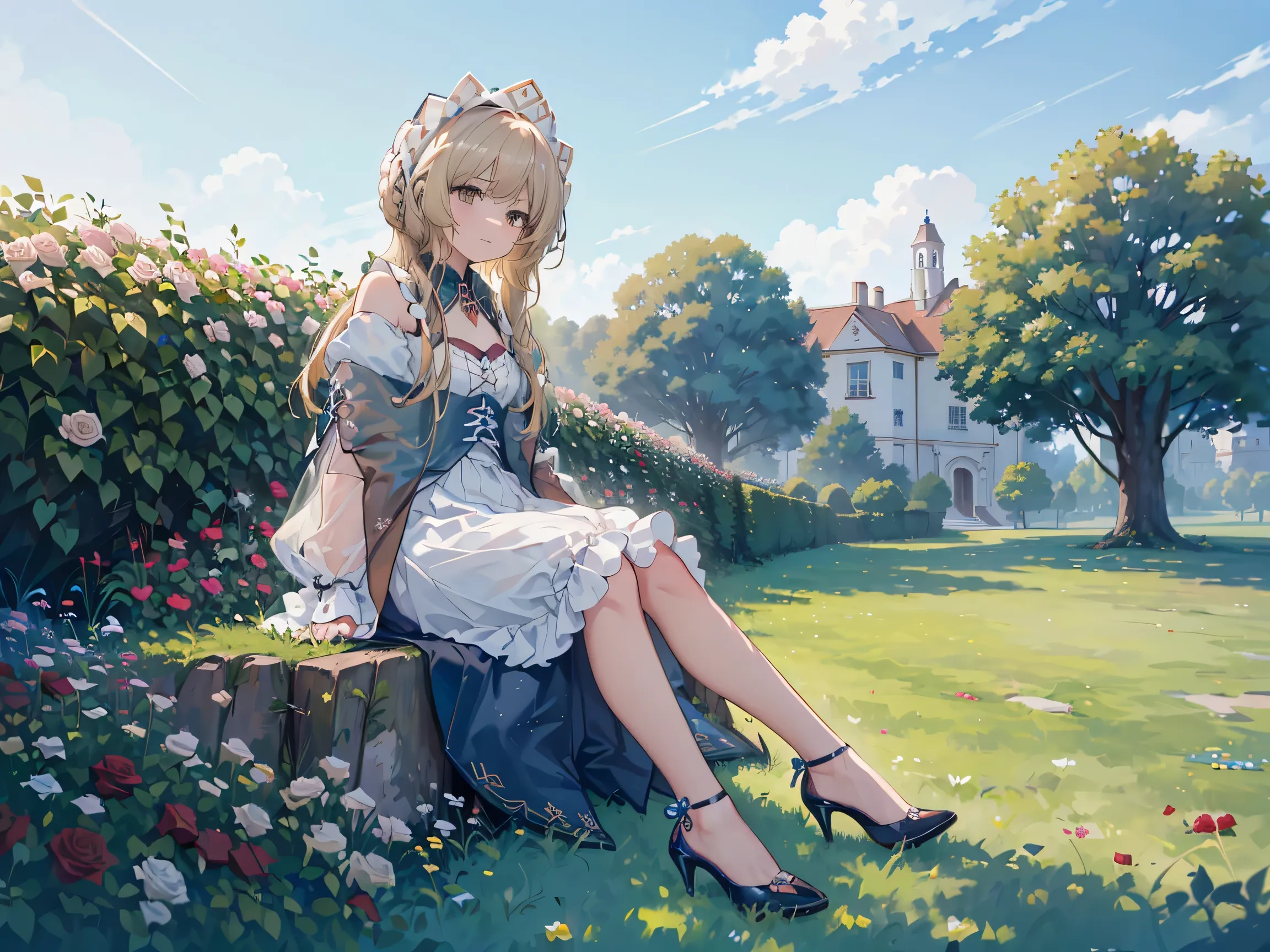 1 girl,Sandrone, (((Long blonde))), (((brown eyes))),a faint smile, has,(((sitting))),Outdoors,(((Clear blue sky))),(((Roses grow on the lawn next to it))),((((Anne hashaway)))),((( reveal calf ))),(((Wear blue high heels))),underwear is slightly visible