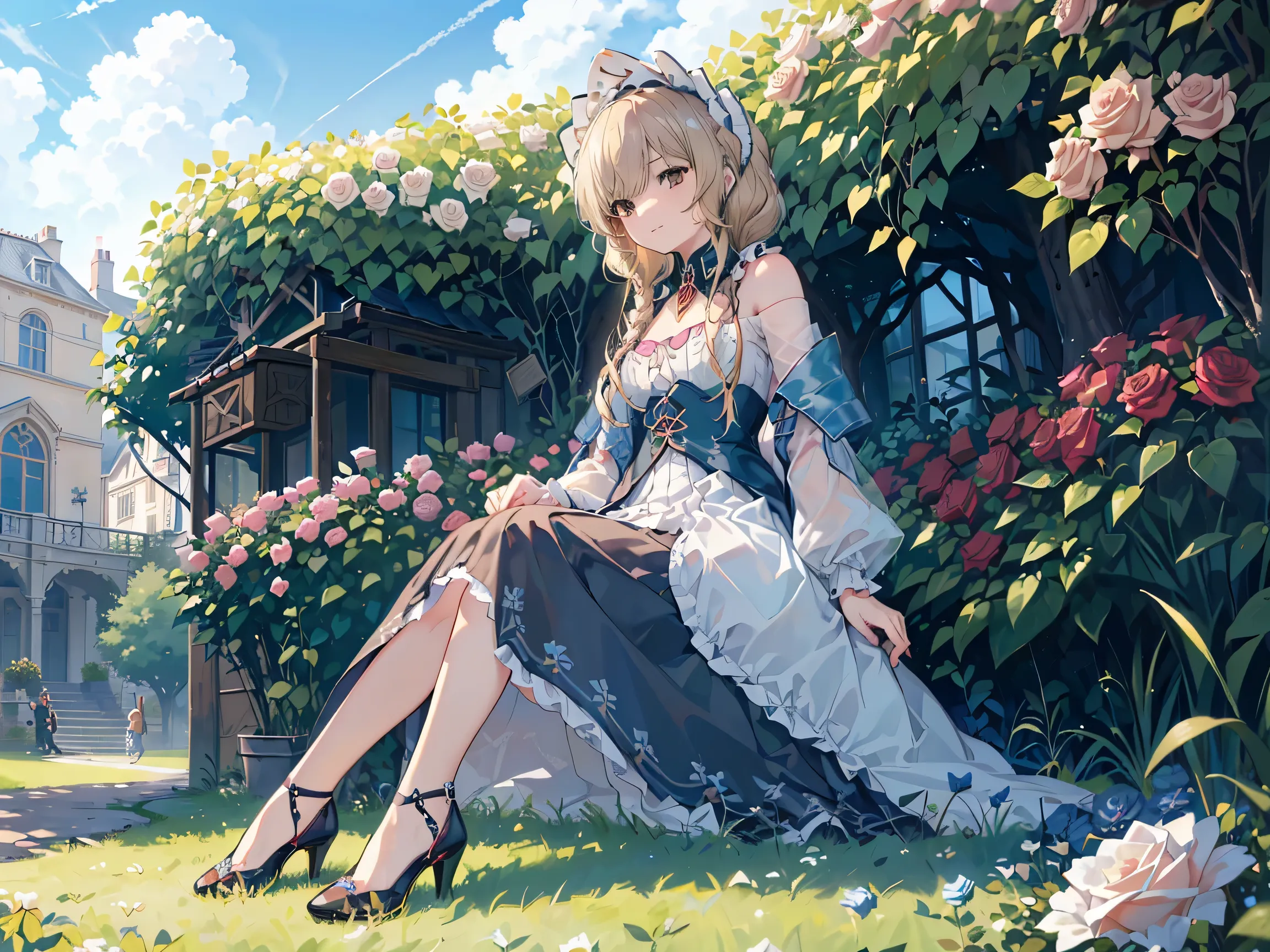 1 girl,Sandrone, (((Long blonde))), (((brown eyes))),a faint smile, has,(((sitting))),Outdoors,(((Clear blue sky))),(((Roses grow on the lawn next to it))),((((Anne hashaway)))),((( reveal calf ))),(((Wear blue high heels))),underwear is slightly visible