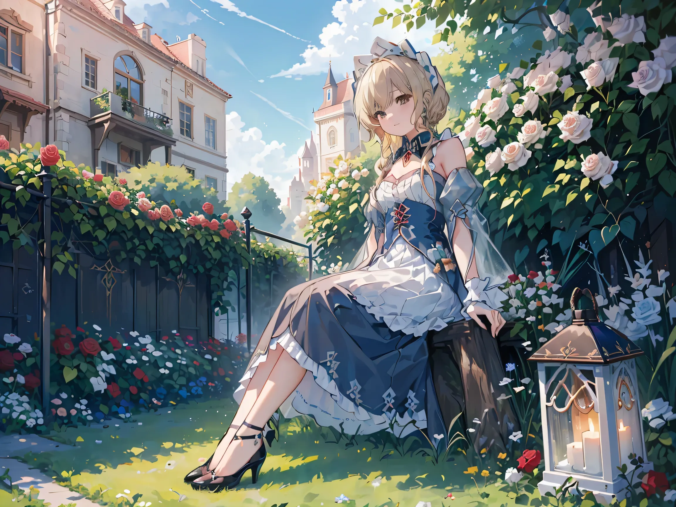 1 girl,Sandrone, (((Long blonde))), (((brown eyes))),a faint smile, has,(((sitting))),Outdoors,(((Clear blue sky))),(((Roses grow on the lawn next to it))),((((Anne hashaway)))),((( reveal calf ))),(((Wear blue high heels))),underwear is slightly visible
