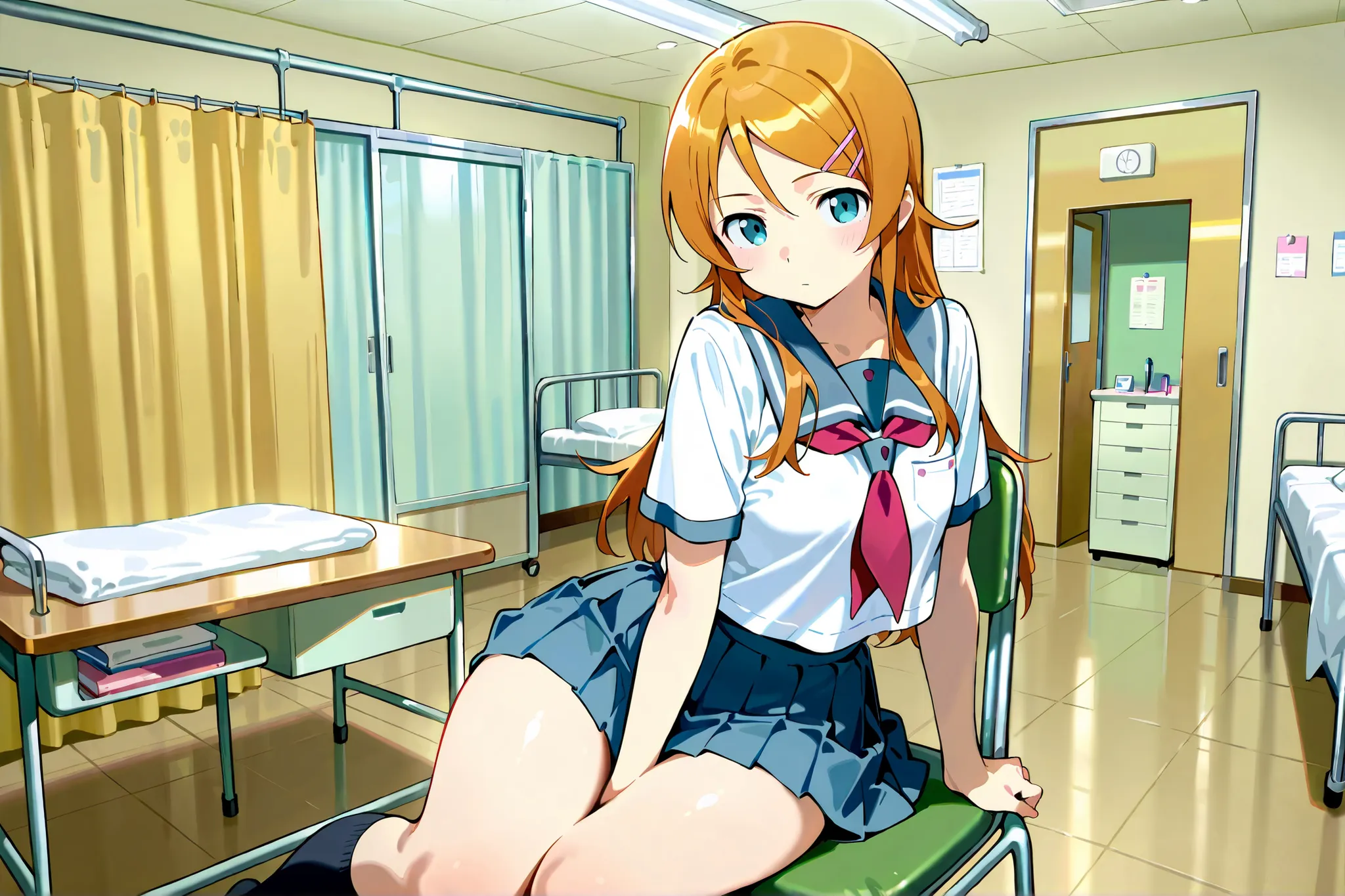 Expressionless kousaka kirino, serafuku, blue pleated skirt,short sleeves, red neckerchief,black socks, infirmary,sitting on chair,thick thighs,looking at viewer