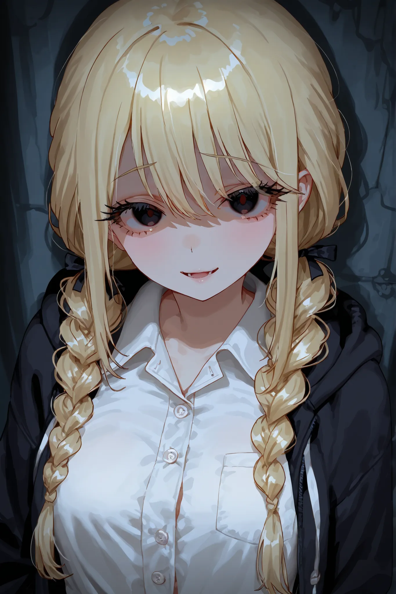 1 girl　Kotone Fujita voluminous hair long eyelashes blonde braids open pigtails　 Dark Eyes　is the cutest in the world　black hoodie　Simple white button shirt　(plain white button shirt) dark alley background　Perfect pose, greatest masterpiece, high image qua...