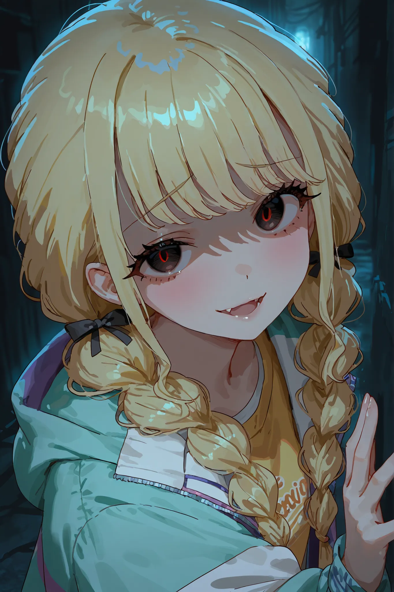 1 girl　Kotone Fujita voluminous hair long eyelashes blonde braids open pigtails　 Dark Eyes　is the cutest in the world　Fujita Kotone's jacket, dark alley background　Perfect pose, greatest masterpiece, high image quality　yandere