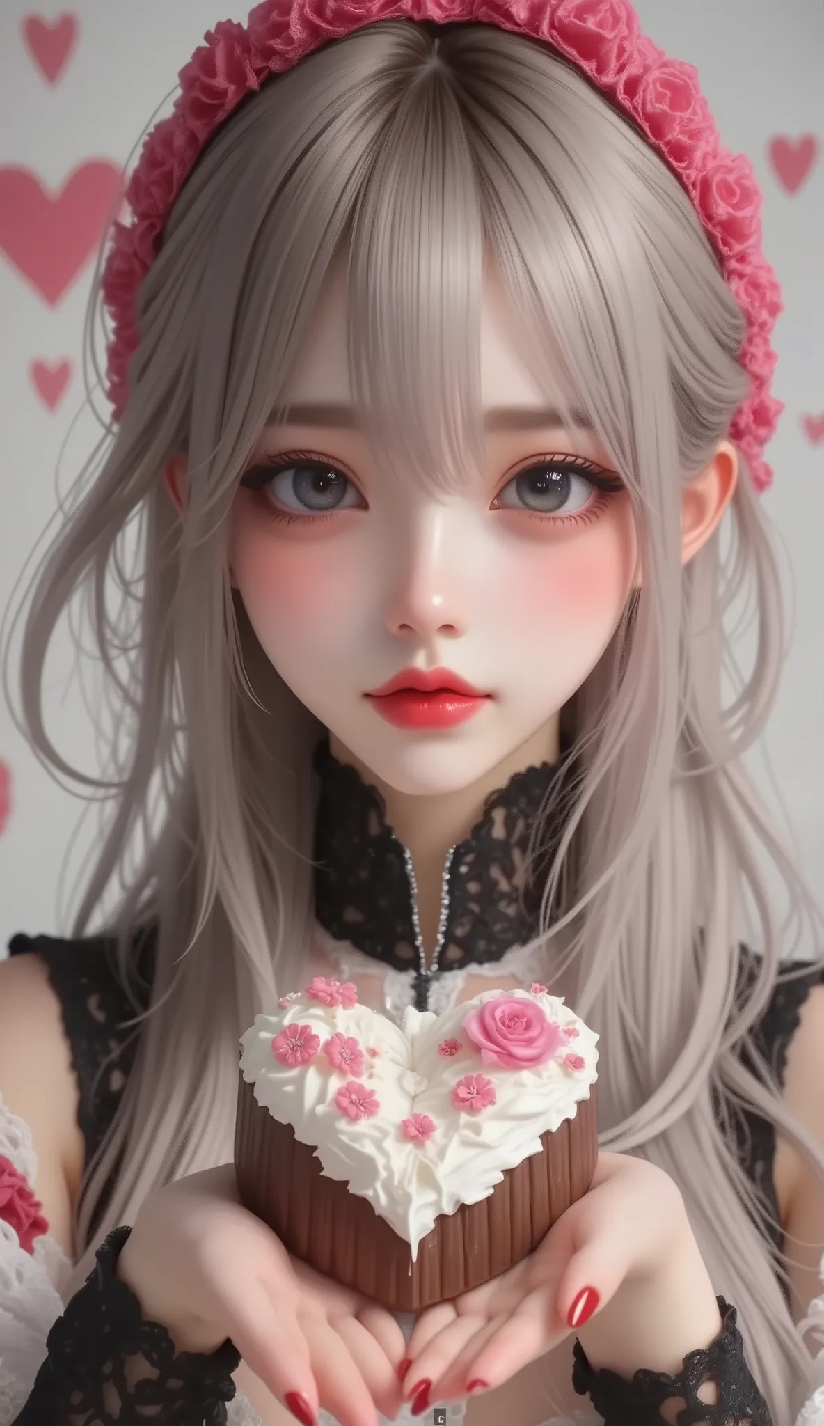 masterpiece, best image quality , 4K, Mecha , long hair, ash grey hair, cyberpunk,Shrine maiden, Achieve depth of field, blurred background,(((Extend your arms to the viewers and show them a big heart-shaped chocolate)))