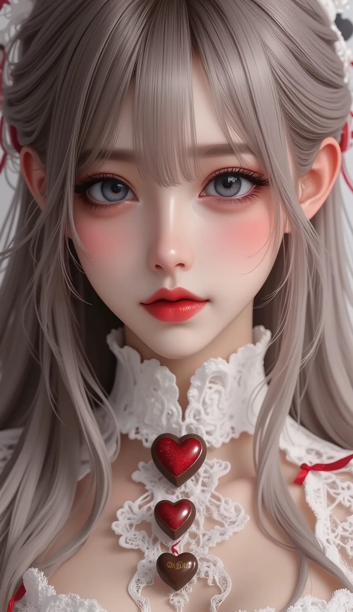 masterpiece, best image quality , 4K, Mecha , long hair, ash grey hair, cyberpunk,Shrine maiden, Achieve depth of field, blurred background,(((Extend your arms to the viewers and show them a big heart-shaped chocolate)))