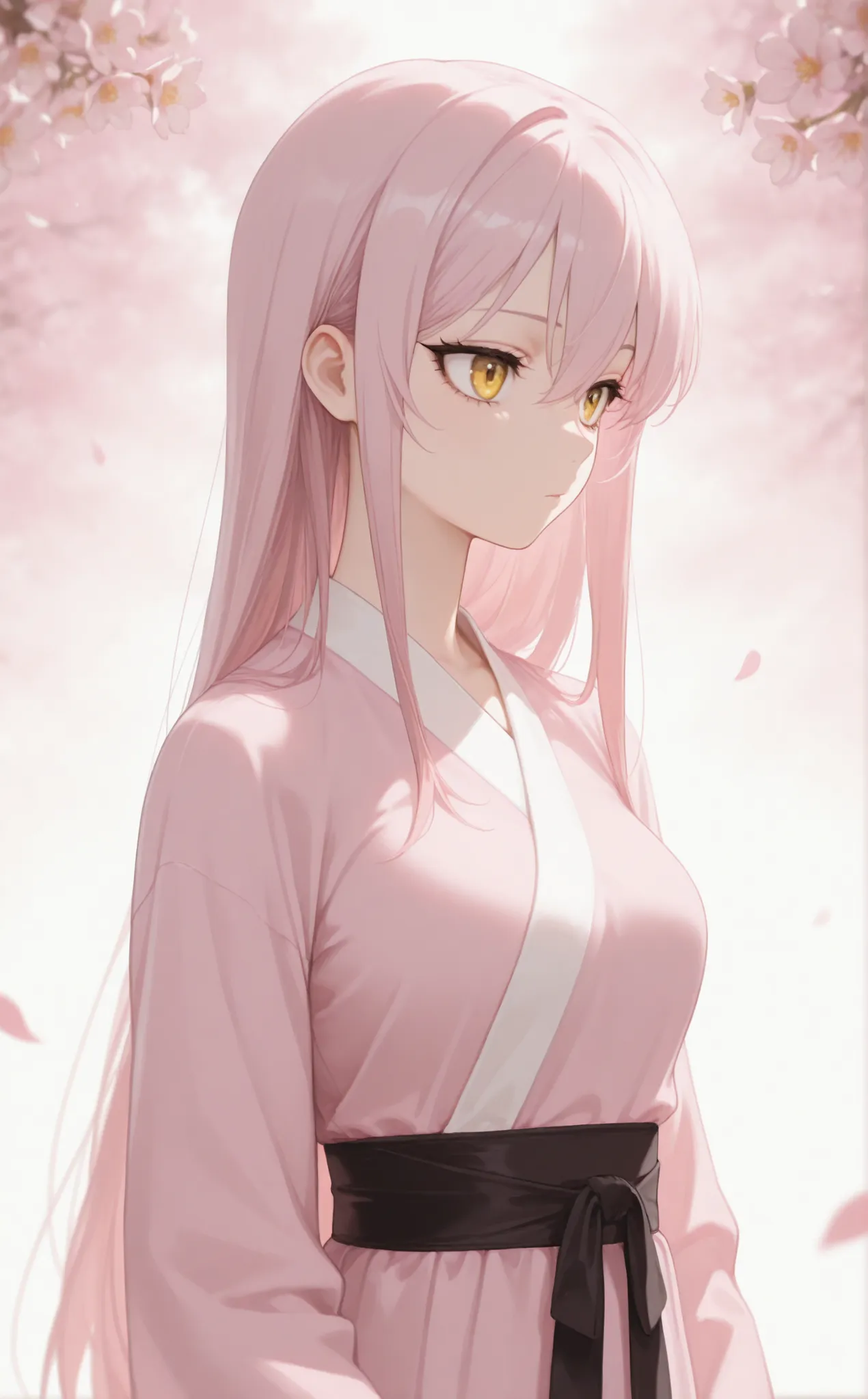 masterpiece, newest, Best Resolution, HD Quality, good lighting, safe. beautiful, adult, anime, good anatomy, .  Pale pink hair , Hair below the shoulders. Golden-yellow eyes, dark eyelashes, piel clara, slim build, Medium Breasts Size D. She is 24 years o...