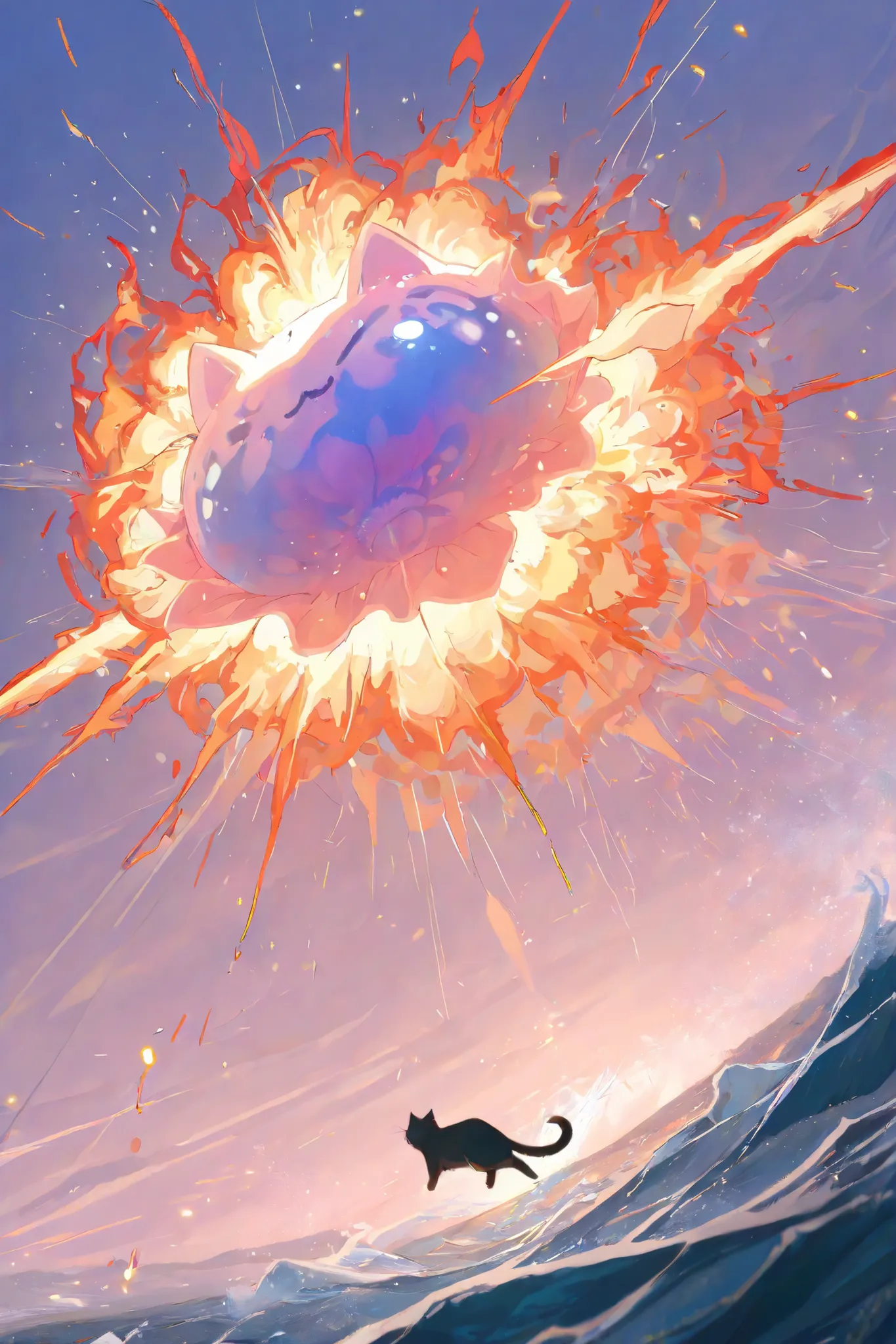 masterpiece, best quality,1 cat,jellyfish mix
,best quality,heroic pose,dynamic angle,dynamic sky background,with epic effect, high angle shot,like CCTV footage, outward flow of magic or particles, dynamic spread from core,fire visual explosion of wav...