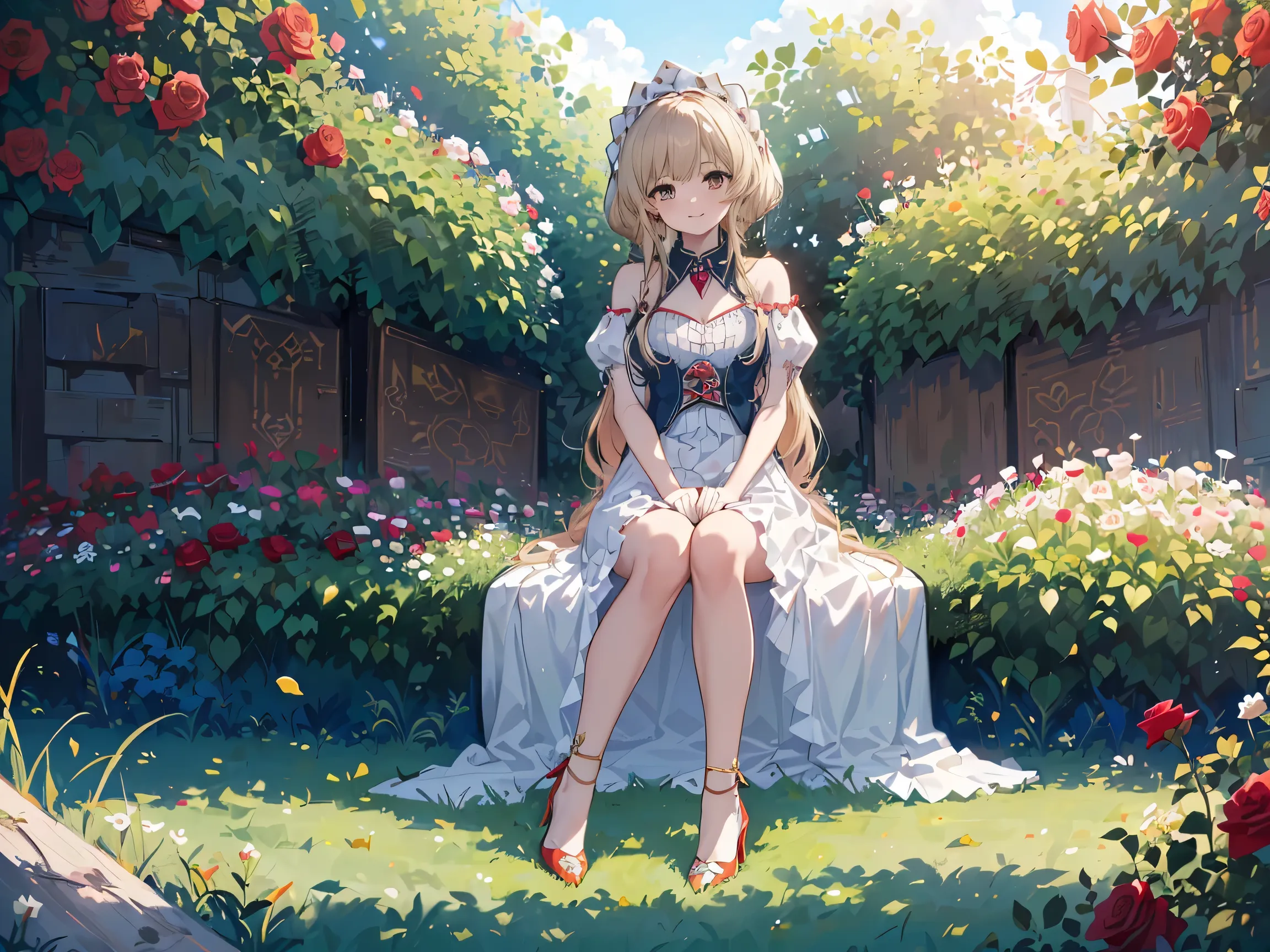 1 girl,Sandrone, (((Long blonde))), (((brown eyes))),Smile Yan, has,(((sitting))),Outdoors,(((Clear blue sky))),(((There are a lot of roses growing on the lawn next to them))),((((Anne hashaway)))),((( reveal calf ))),(((Wearing Red High Heels))),I can see...
