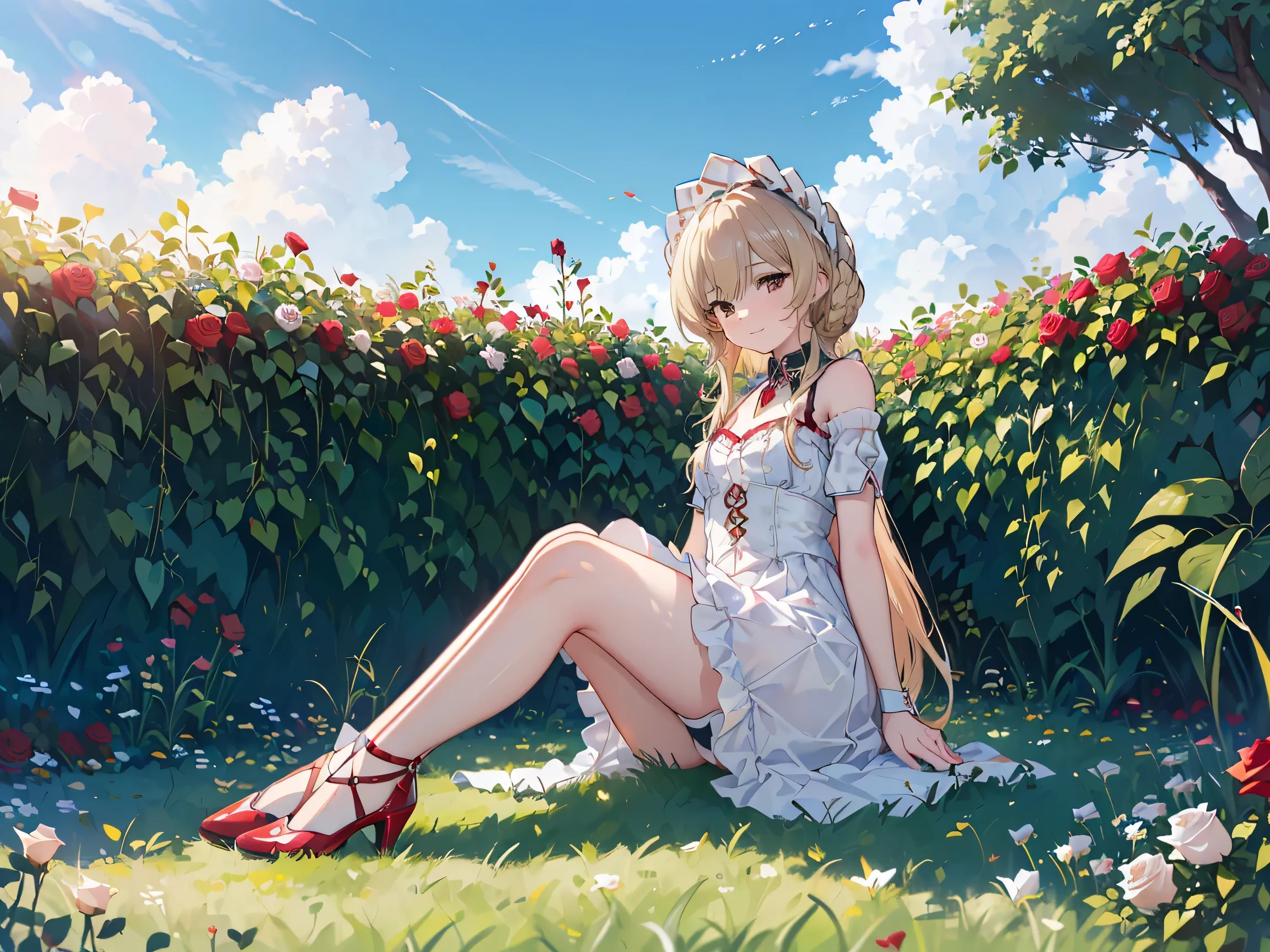 1 girl,Sandrone, (((Long blonde))), (((brown eyes))),Smile Yan, has,(((sitting))),Outdoors,(((Clear blue sky))),(((There are a lot of roses growing on the lawn next to them))),((((Anne hashaway)))),((( reveal calf ))),(((Wearing Red High Heels))),I can see...