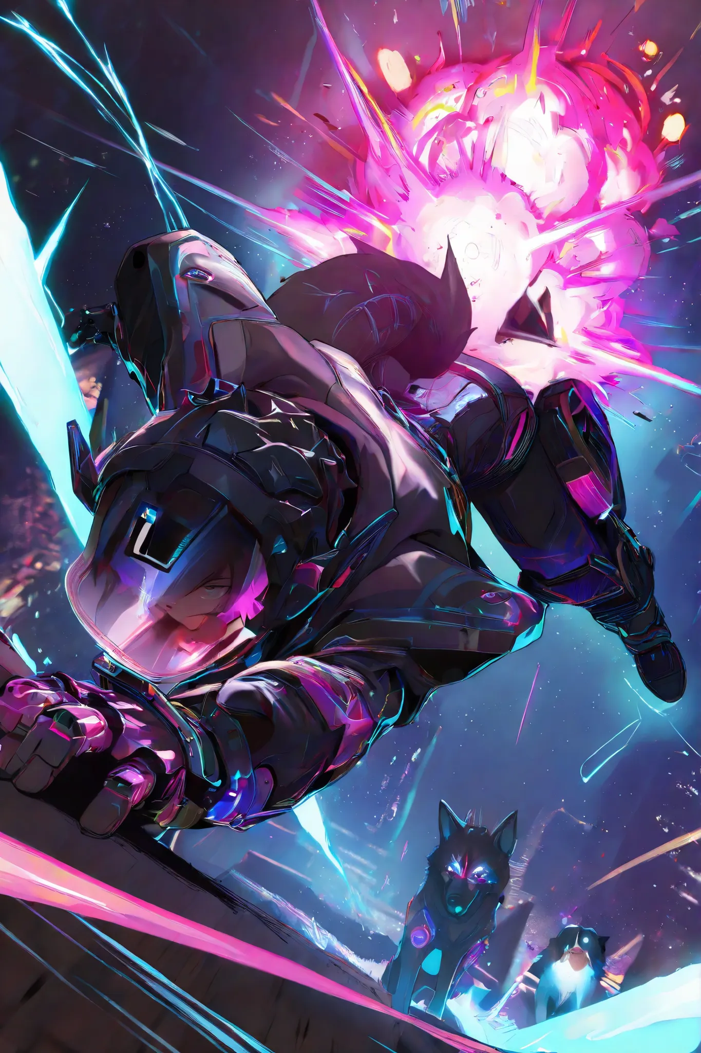 masterpiece, best quality,1 dog
,best quality,heroic pose,dynamic angle,dynamic background,with epic effect, high angle shot,like CCTV footage, outward flow of magic or particles, dynamic spread from core,neon visual explosion of wave ,neon waves exp...