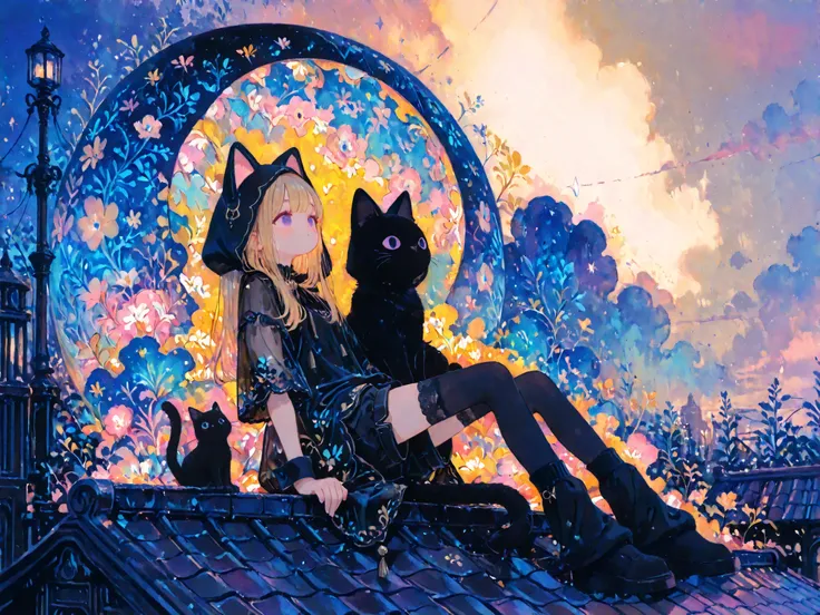 Line Art, watercolor,  soft touch, colorful, deform, Background subject, fantasy taken with a Nikon Z7 II mirrorless camera, Cute Theme, full body, (very wide shot:1.2), back shot, Facing, On the roof, sitting,

1 girl, solo, Blonde, long hair, Translucent...