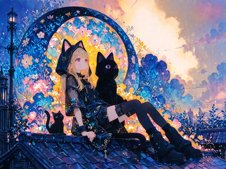 Line Art, watercolor,  soft touch, colorful, deform, Background subject, fantasy taken with a Nikon Z7 II mirrorless camera, Cute Theme, full body, (very wide shot:1.2), back shot, Facing, On the roof, sitting,

1 girl, solo, Blonde, long hair, Translucent...
