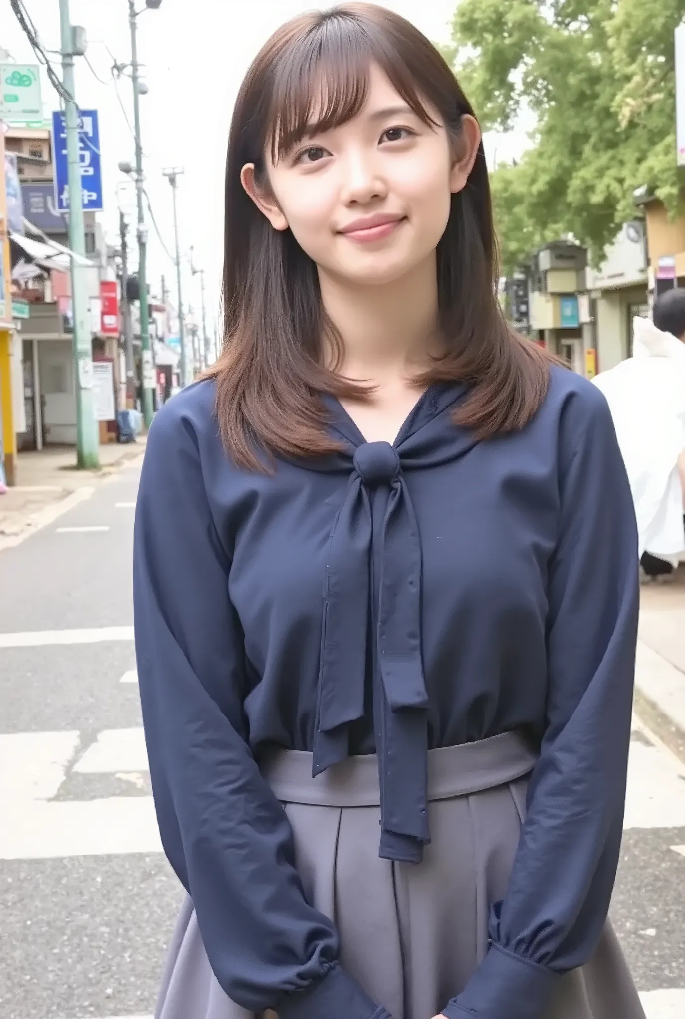 A Japanese high school girl is alone waiting for the bus。she is wearing a dark blue sailor suit and it's summer clothes。Her breasts are a little bigger、The pleated skirt she is wearing is slightly short。The composition looks behind her from a little distan...