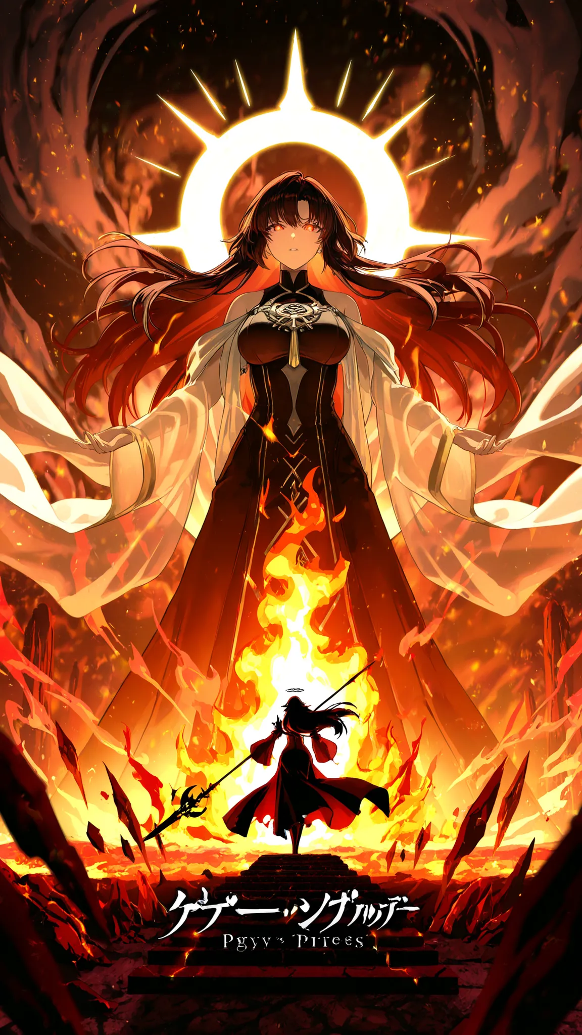 Prompt (Refined):
A powerful anime-style woman in her late 20s, around 28–30 years old, with glowing amber eyes that reflect ancient wisdom and silent sorrow. Her long, dark auburn hair cascades in waves, its ember-tipped strands glowing softly like dying ...