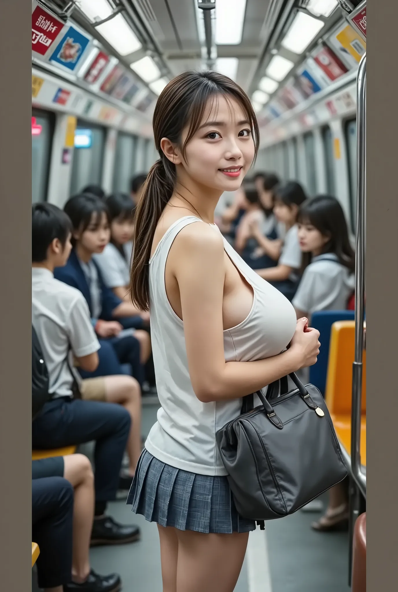Figure a tank top and a train ride like this woman